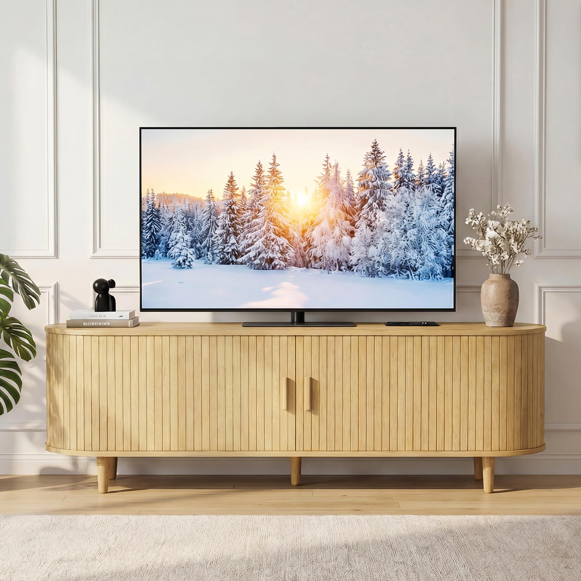OneBlis 70" Mid Century Modern TV Stand, Wood TV Consoles with Sliding Doors and Power Outlet, Entertainment Center with Adjustable Shelves, Fluted TV Stands for Living Room, Walnut Gronata