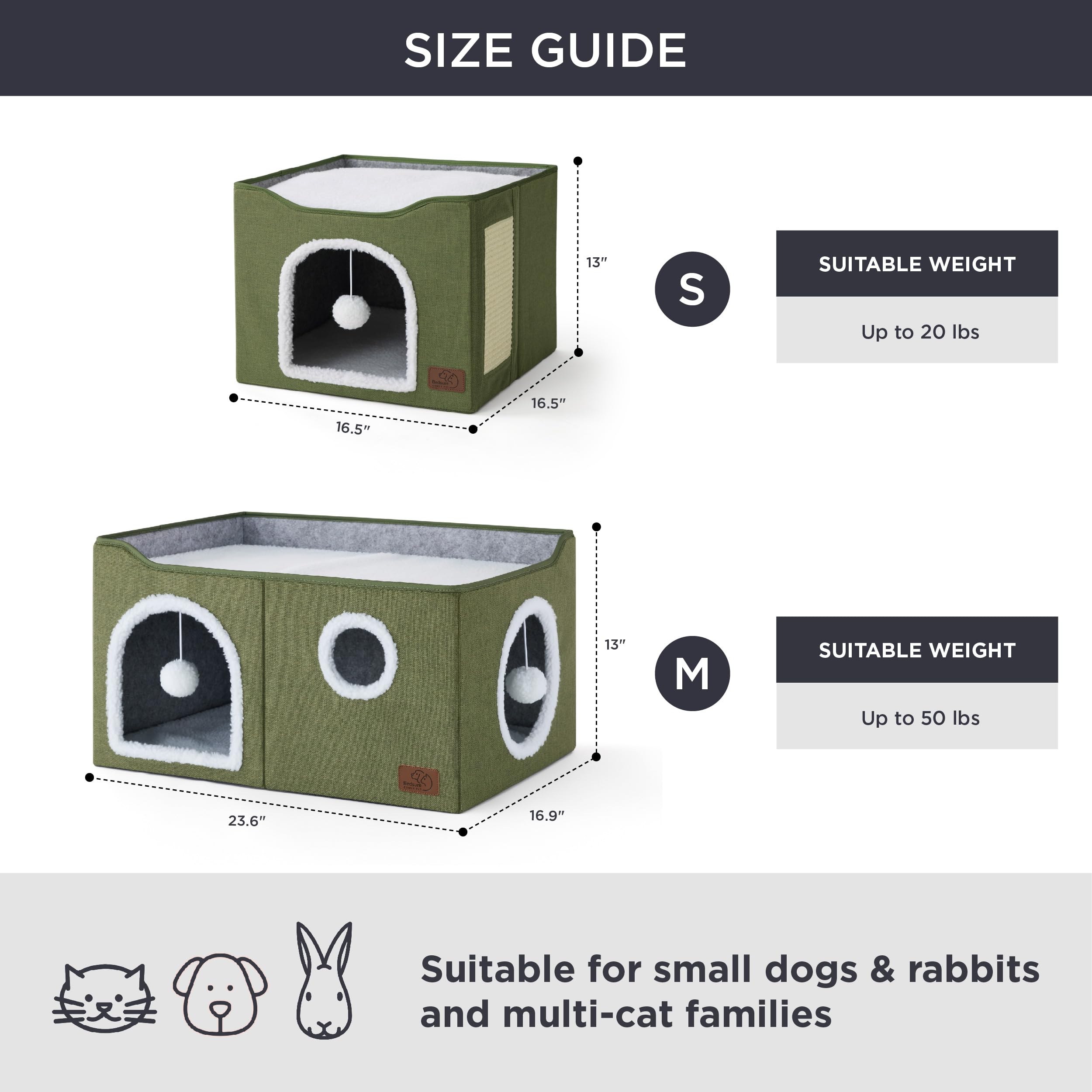 Bedsure Cat Beds for Indoor Cats - Large Cat Cave for Pet Cat House with Fluffy Ball Hanging and Scratch Pad, Foldable Cat Hideaway, 16.5x16.5x13 inches, Grey Gronata