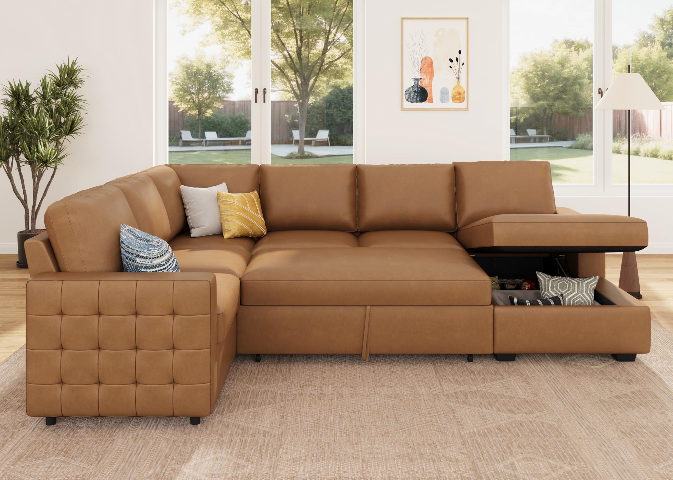 HONBAY Sectional Sleeper Sofa with Pull Out Bed U-Shape Sectional Couch Sleeper Bed with Storage Chaise 6 Seater Sleeper Sectional Sofa, Light Grey Gronata