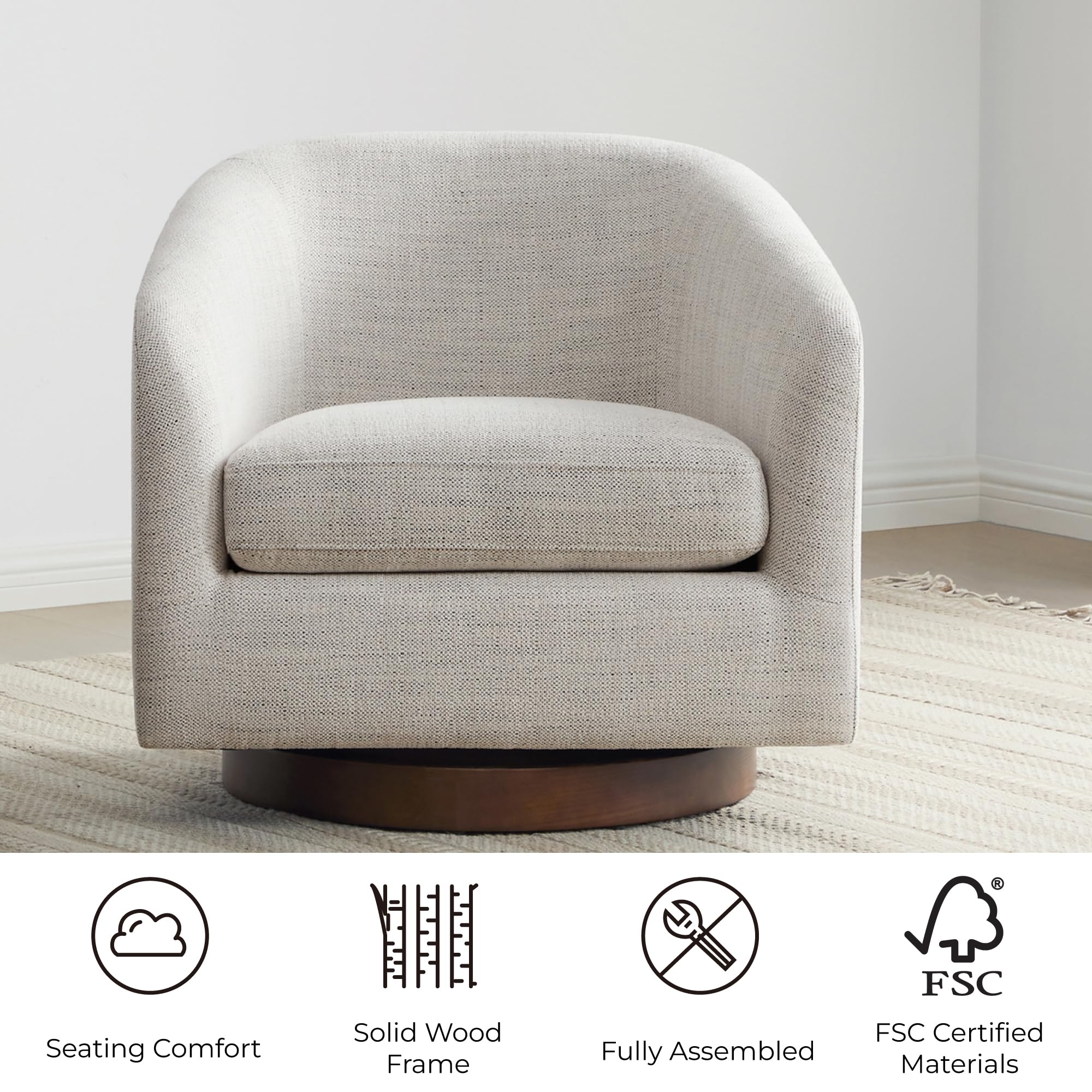 CHITA Swivel Accent Chair, Fully Assembled Fabric Barrel Armchair with FSC Certified Upholstered for Living Room, Bedroom and Office, Cream Gronata
