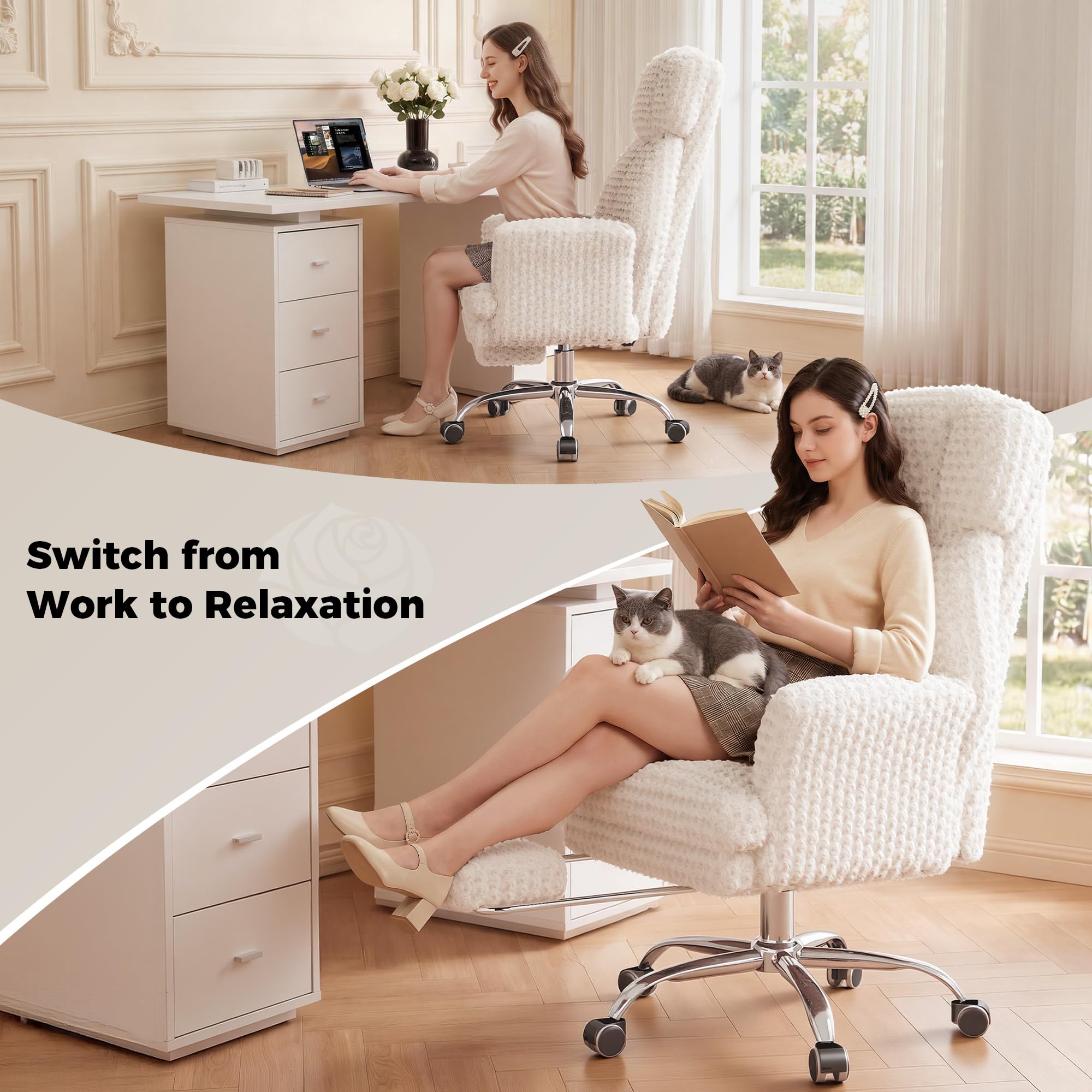 Big and Tall Office Chair, Flip Armrests for Pets & Cross Legged Sitting, Executive Ergonomic Computer Gaming Chair with Foot Rest, Teddy Fleece Wide Seat Reclining Desk Chair, White Vanity Chair Gronata