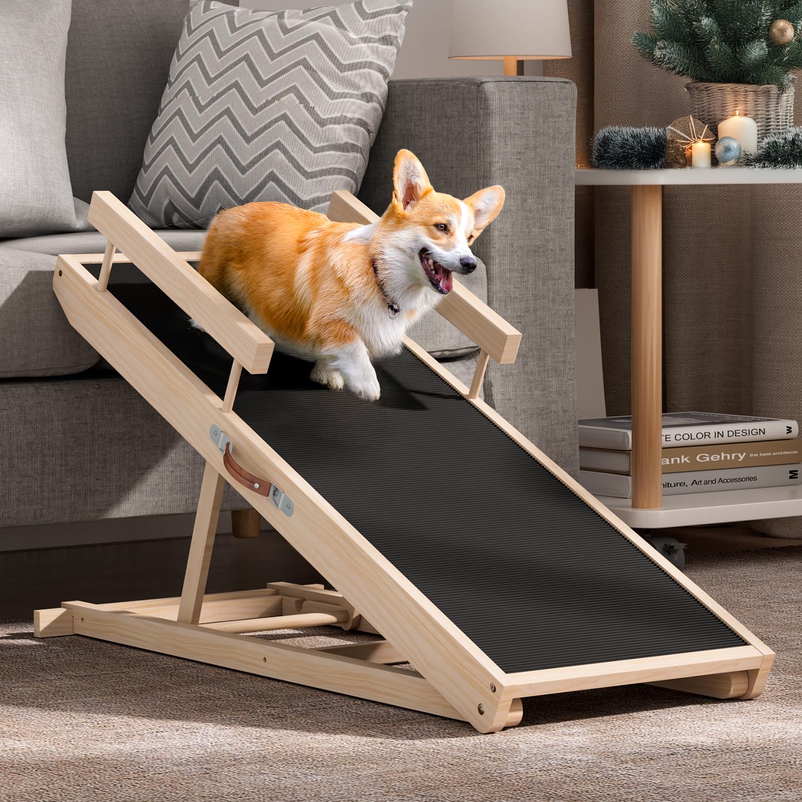 Chuiendi Dog Ramp for High Bed, Couch, Car, Pet Ramps 55.12" Long Adjustable 19.3"-27.17" Wooden Dog Step with Anti-slip Rubber Mat & Safety Side Rails for Small Medium Large Older Pets, up to 250 lbs Gronata