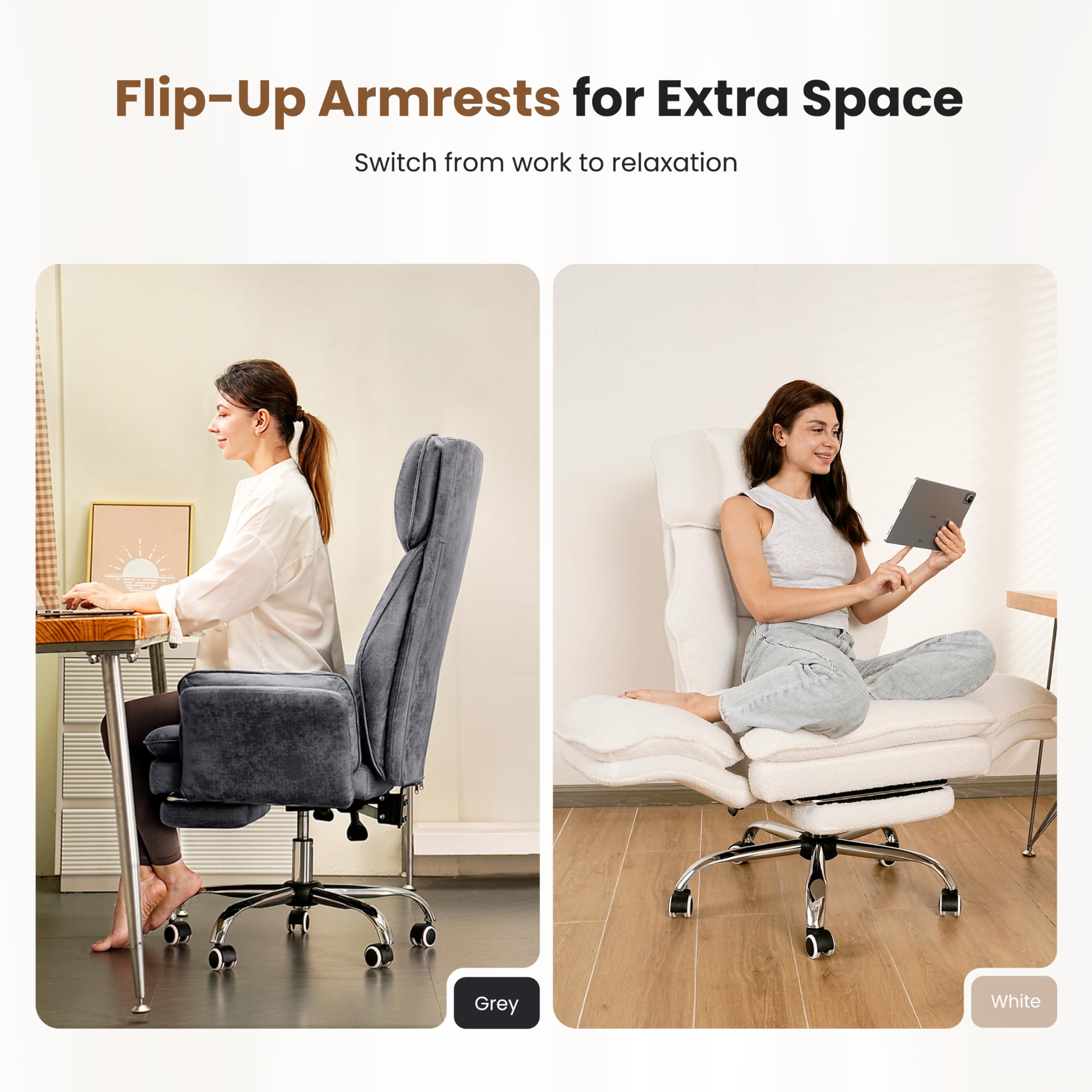 Big and Tall Office Chair, Flip Armrests for Pets & Cross Legged Sitting, Executive Ergonomic Computer Gaming Chair with Foot Rest, Teddy Fleece Wide Seat Reclining Desk Chair, White Vanity Chair Gronata