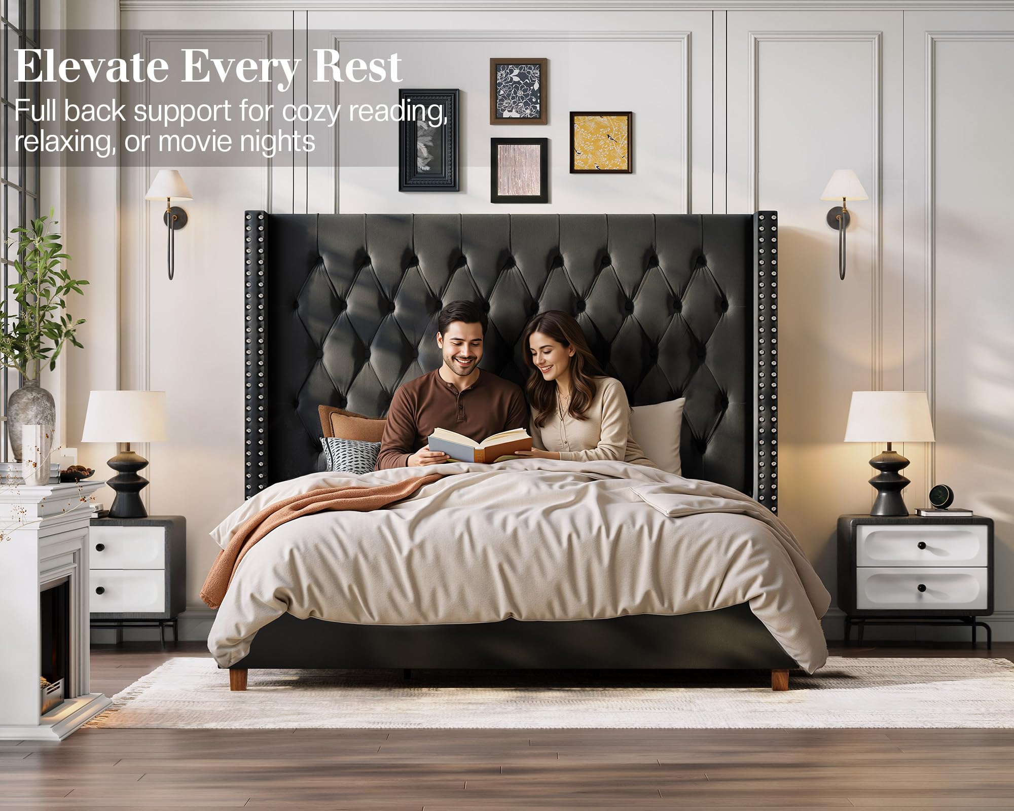 Jocisland Queen Size Bed Frame 61.4" Extra Tall Wingback Headboard Velvet Upholstered Deep Button Tufted Platform Bed with Solid Wood Legs & Wood Slats, No Box Spring Needed, Black Gronata