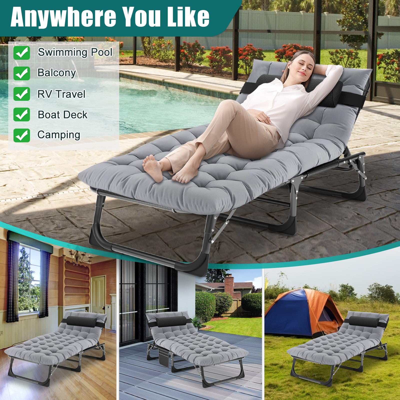DoCred Heavy Duty Chaise Lounge Chair, Adjustable 5-Position Folding Chaise Lounge Chairs for Outside, Portable Lay Flat Beach Lounge Chair for Outdoor Sunbathing Beach Pool Lawn Camping Gronata