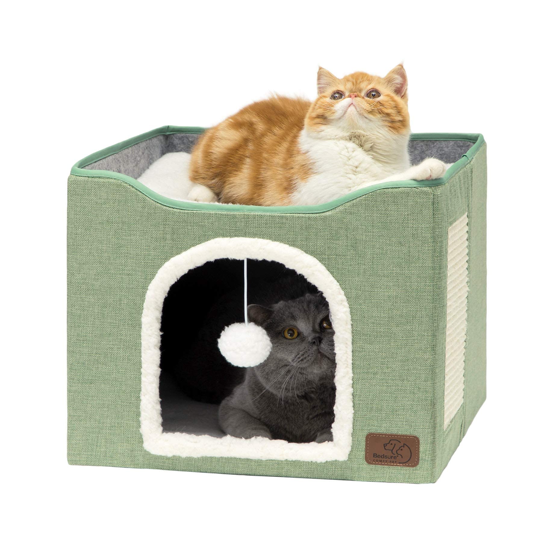 Bedsure Cat Beds for Indoor Cats - Large Cat Cave for Pet Cat House with Fluffy Ball Hanging and Scratch Pad, Foldable Cat Hideaway, 16.5x16.5x13 inches, Grey Gronata