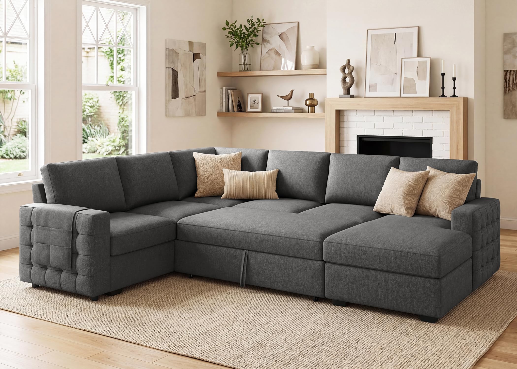 HONBAY Sectional Sleeper Sofa with Pull Out Bed U-Shape Sectional Couch Sleeper Bed with Storage Chaise 6 Seater Sleeper Sectional Sofa, Light Grey Gronata