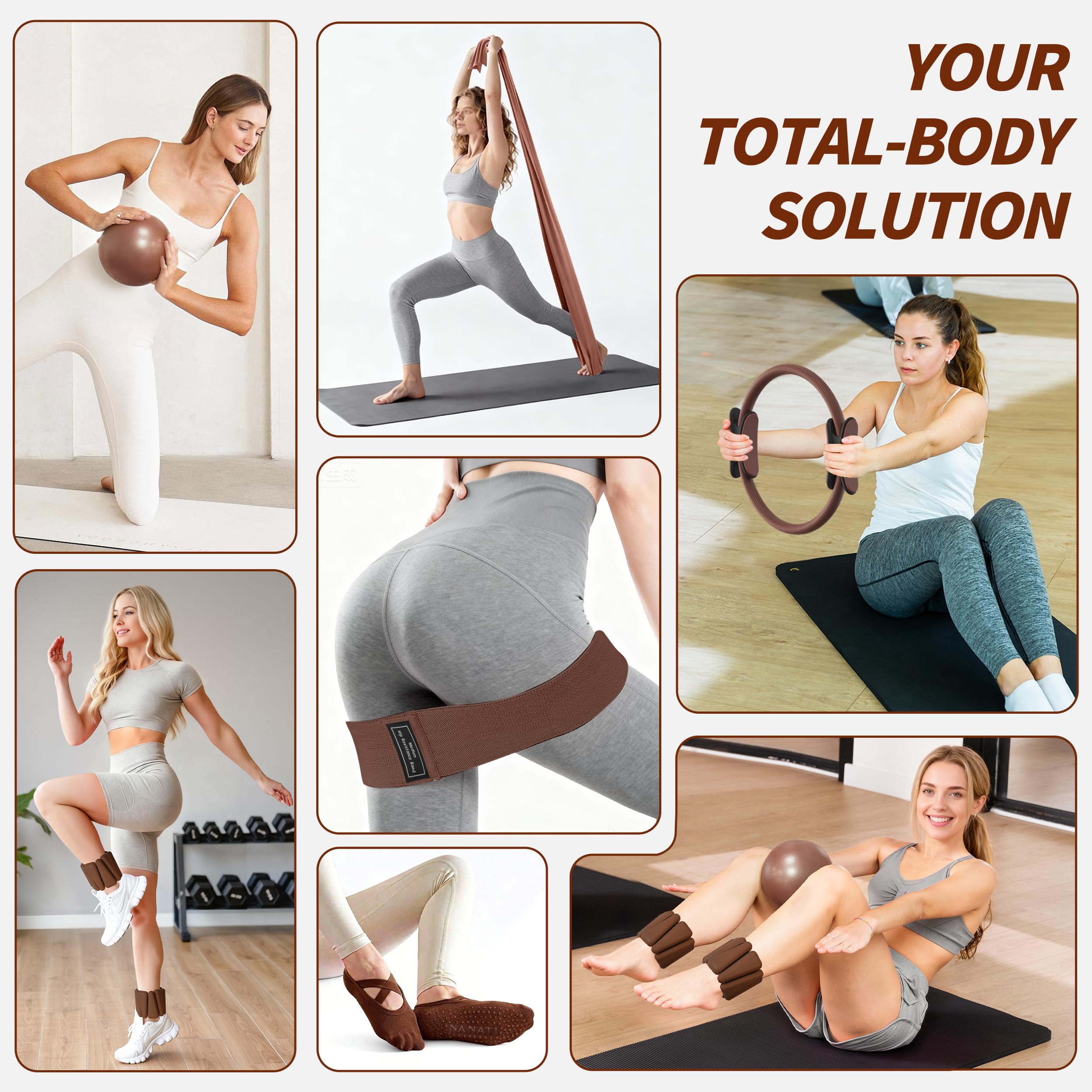 NANATI Pilates Kit 19PCS,Pilates Essentials Kit for Women,Pilates Equipment with 14.5" Pilates Ring and Ball,8 Resistance Bands,Ankle Weights,Sliders & Grip Socks Accessories for Starter Home Workouts Gronata
