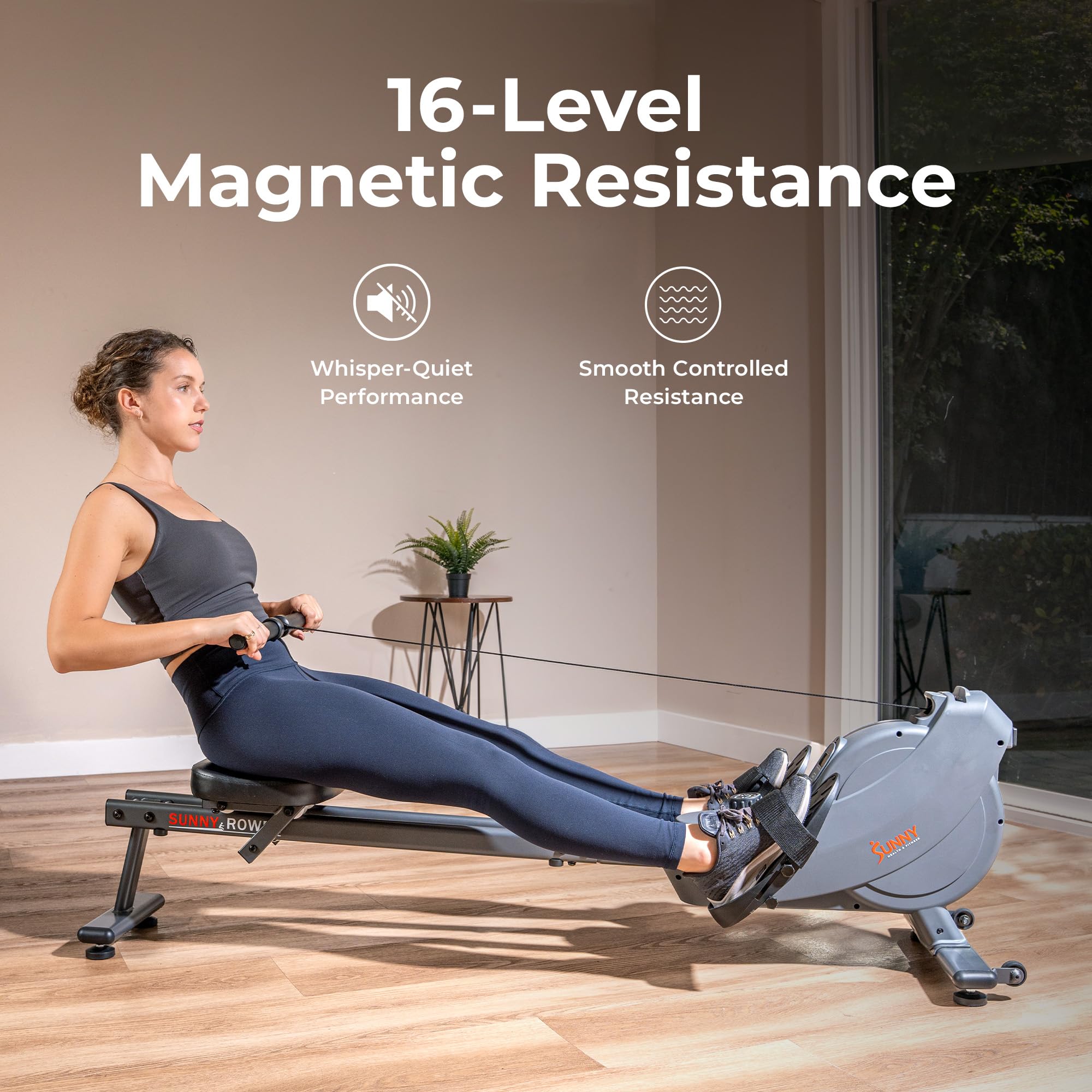 Sunny Health & Fitness Flip & Foldable Rowing Machine for Home w/Extended Slide Rail, Full-Body Workout, Low-Impact, Optional Extra Long Rail, Quiet Rail Cover, Water Motion and Free SunnyFit App Gronata
