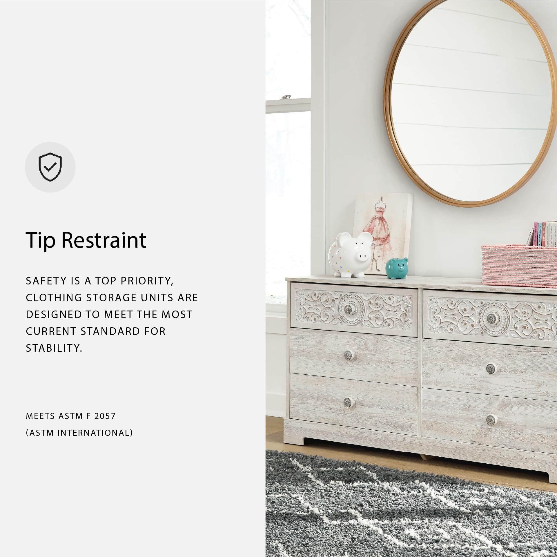 Signature Design by Ashley Shawburn Rustic 5 Drawer Chest of Smooth-Gliding Drawers and Safety Stop, White & Gray Gronata