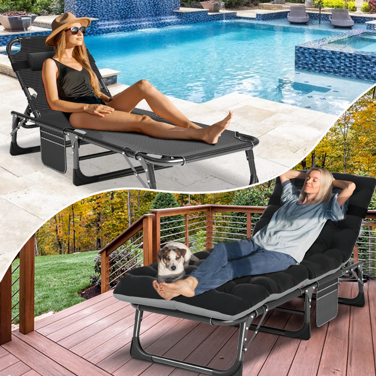 DoCred Heavy Duty Chaise Lounge Chair, Adjustable 5-Position Folding Chaise Lounge Chairs for Outside, Portable Lay Flat Beach Lounge Chair for Outdoor Sunbathing Beach Pool Lawn Camping Gronata