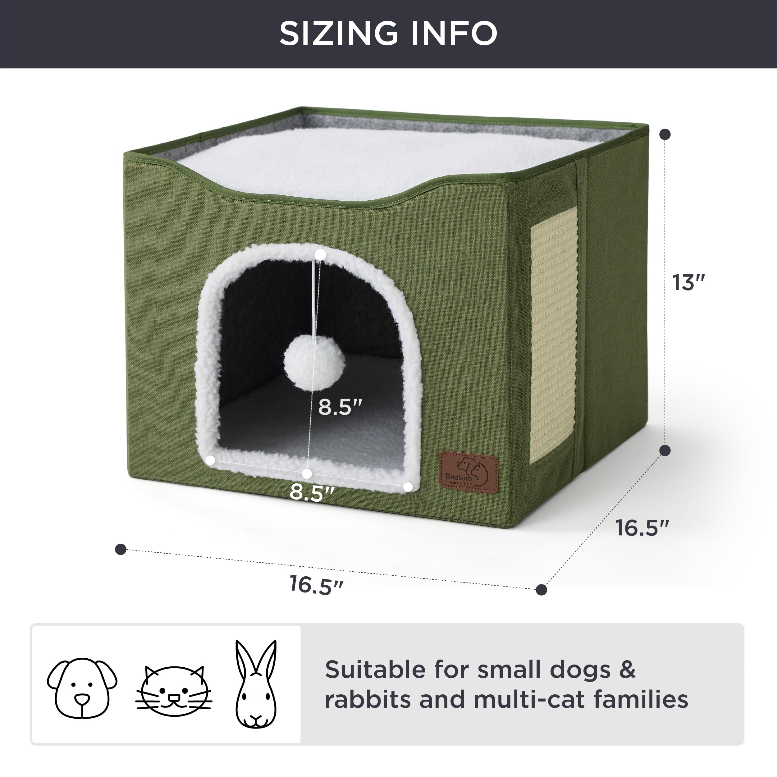Bedsure Cat Beds for Indoor Cats - Large Cat Cave for Pet Cat House with Fluffy Ball Hanging and Scratch Pad, Foldable Cat Hideaway, 16.5x16.5x13 inches, Grey Gronata