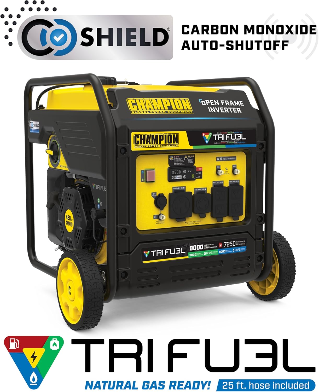Champion Power Equipment 9000-Watt Electric Start Tri Fuel Home Backup Portable Open Frame Inverter Generator with Quiet Technology and CO Shield Gronata
