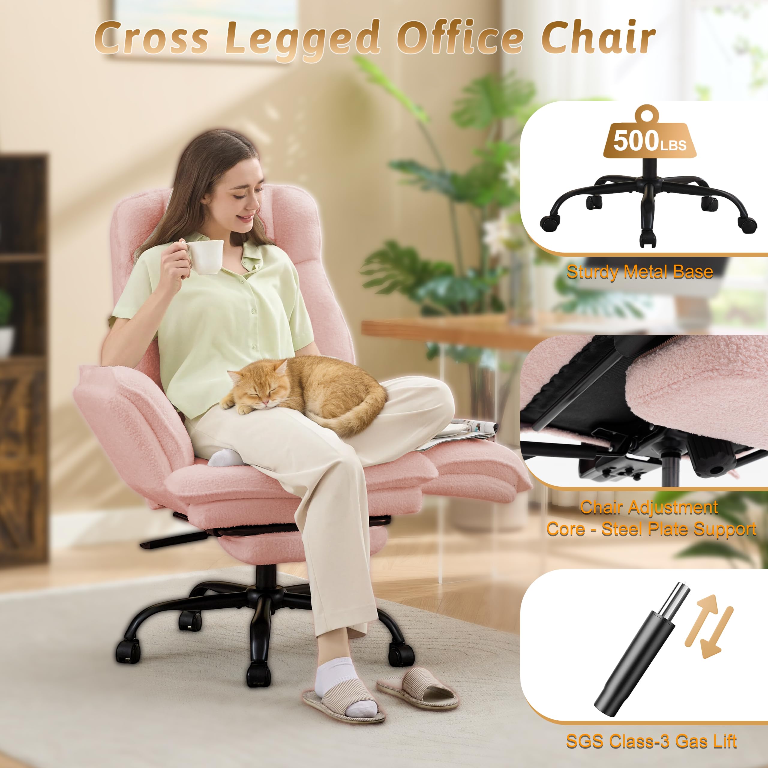 Office Chair,Big and Tall Heavy-Duty Executive Reclining Computer Gaming Chair with Footrest,Flip Armrests,Lumbar Pillow&Thicken Wider Seat for Criss Cross Legged Desk Vanity Chair,Teddy Fabric White Gronata