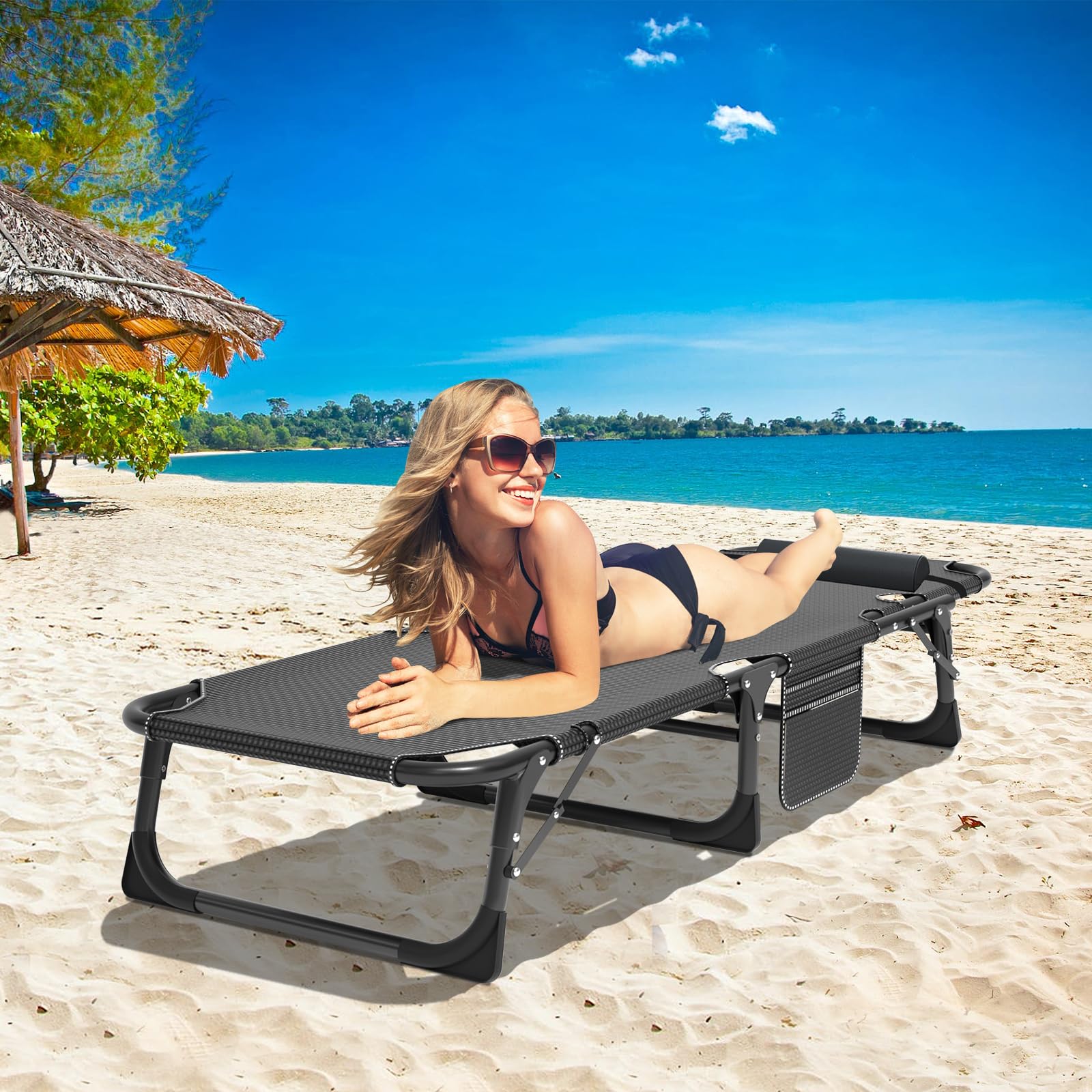 DoCred Heavy Duty Chaise Lounge Chair, Adjustable 5-Position Folding Chaise Lounge Chairs for Outside, Portable Lay Flat Beach Lounge Chair for Outdoor Sunbathing Beach Pool Lawn Camping Gronata