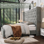 Jocisland Queen Size Bed Frame 61.4" Extra Tall Wingback Headboard Velvet Upholstered Deep Button Tufted Platform Bed with Solid Wood Legs & Wood Slats, No Box Spring Needed, Black Gronata