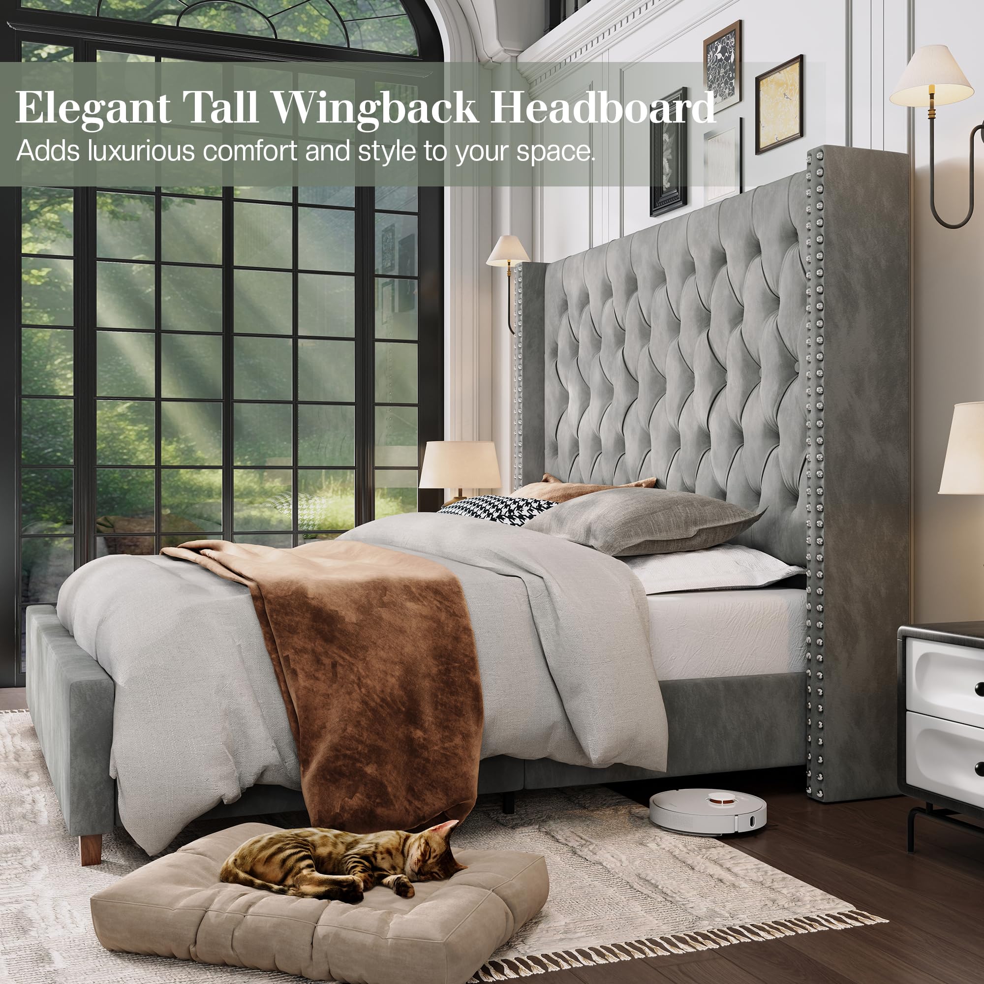 Jocisland Queen Size Bed Frame 61.4" Extra Tall Wingback Headboard Velvet Upholstered Deep Button Tufted Platform Bed with Solid Wood Legs & Wood Slats, No Box Spring Needed, Black Gronata
