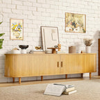 OneBlis 70" Mid Century Modern TV Stand, Wood TV Consoles with Sliding Doors and Power Outlet, Entertainment Center with Adjustable Shelves, Fluted TV Stands for Living Room, Walnut Gronata