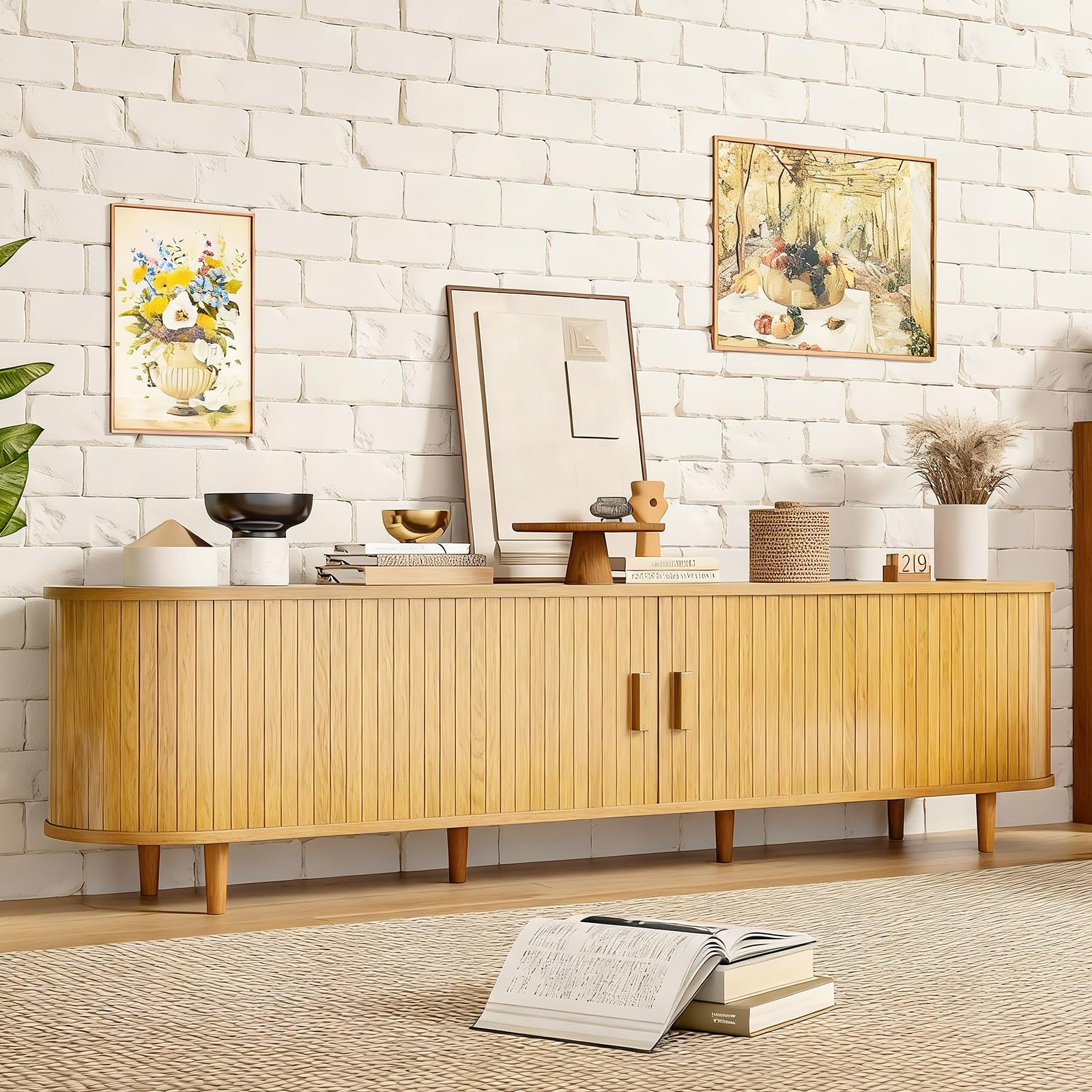 OneBlis 70" Mid Century Modern TV Stand, Wood TV Consoles with Sliding Doors and Power Outlet, Entertainment Center with Adjustable Shelves, Fluted TV Stands for Living Room, Walnut Gronata