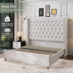 Jocisland Queen Size Bed Frame 61.4" Extra Tall Wingback Headboard Velvet Upholstered Deep Button Tufted Platform Bed with Solid Wood Legs & Wood Slats, No Box Spring Needed, Black Gronata
