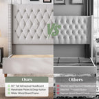 Jocisland Queen Size Bed Frame 61.4" Extra Tall Wingback Headboard Velvet Upholstered Deep Button Tufted Platform Bed with Solid Wood Legs & Wood Slats, No Box Spring Needed, Black Gronata