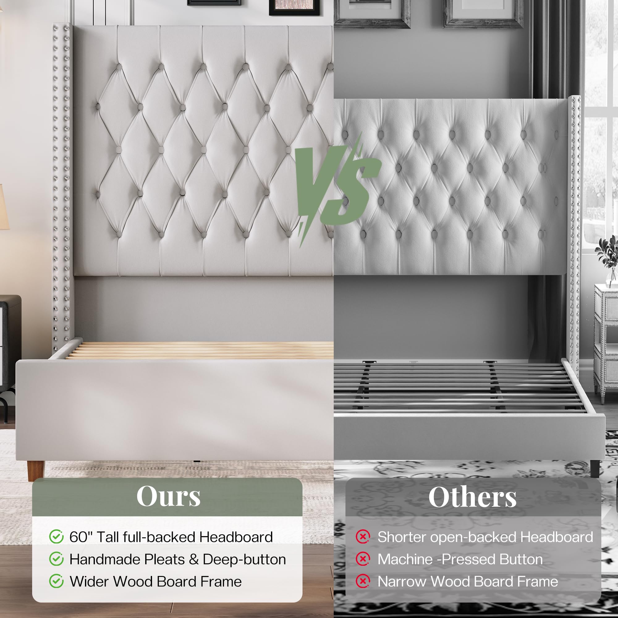 Jocisland Queen Size Bed Frame 61.4" Extra Tall Wingback Headboard Velvet Upholstered Deep Button Tufted Platform Bed with Solid Wood Legs & Wood Slats, No Box Spring Needed, Black Gronata