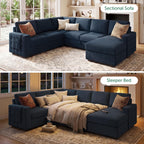 HONBAY Sectional Sleeper Sofa with Pull Out Bed U-Shape Sectional Couch Sleeper Bed with Storage Chaise 6 Seater Sleeper Sectional Sofa, Light Grey Gronata