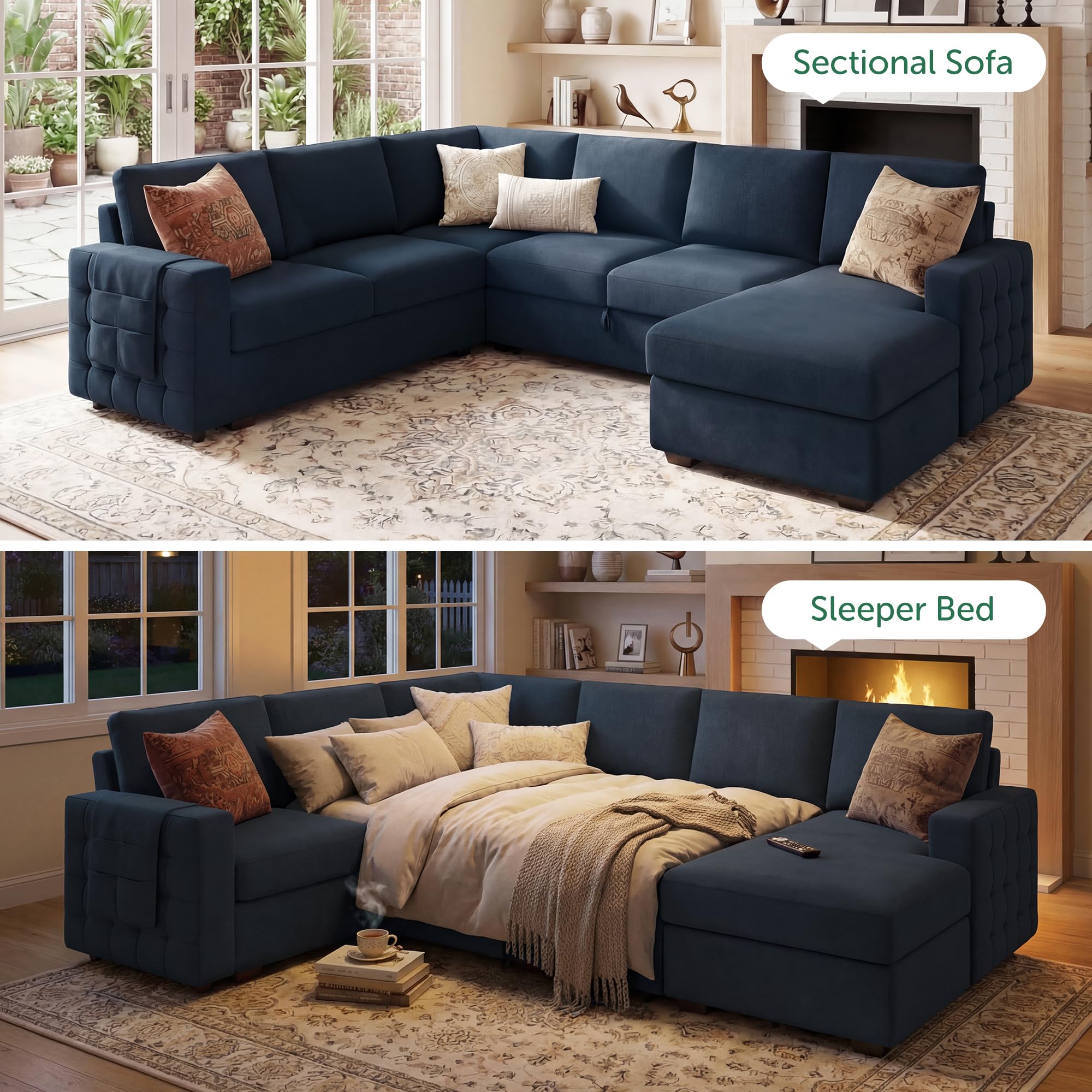 HONBAY Sectional Sleeper Sofa with Pull Out Bed U-Shape Sectional Couch Sleeper Bed with Storage Chaise 6 Seater Sleeper Sectional Sofa, Light Grey Gronata