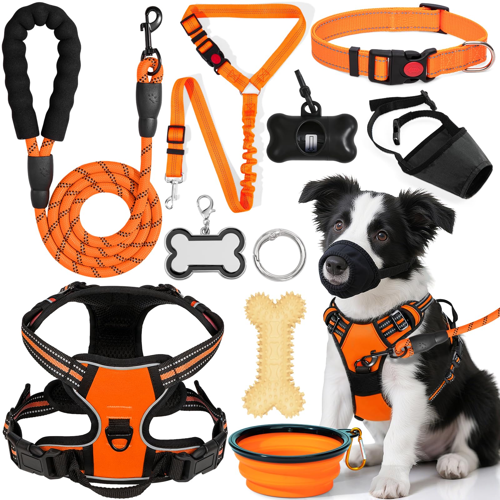 YXFDOYT No Pull Dog Harness Adjustable Collar & Leash Set - Dog Halter Harnesses Collapsible Bowls & Poop Bag Dispenser Muzzle ID Tags Toys Fits Small Medium Large Dogs (Pink-L) Gronata