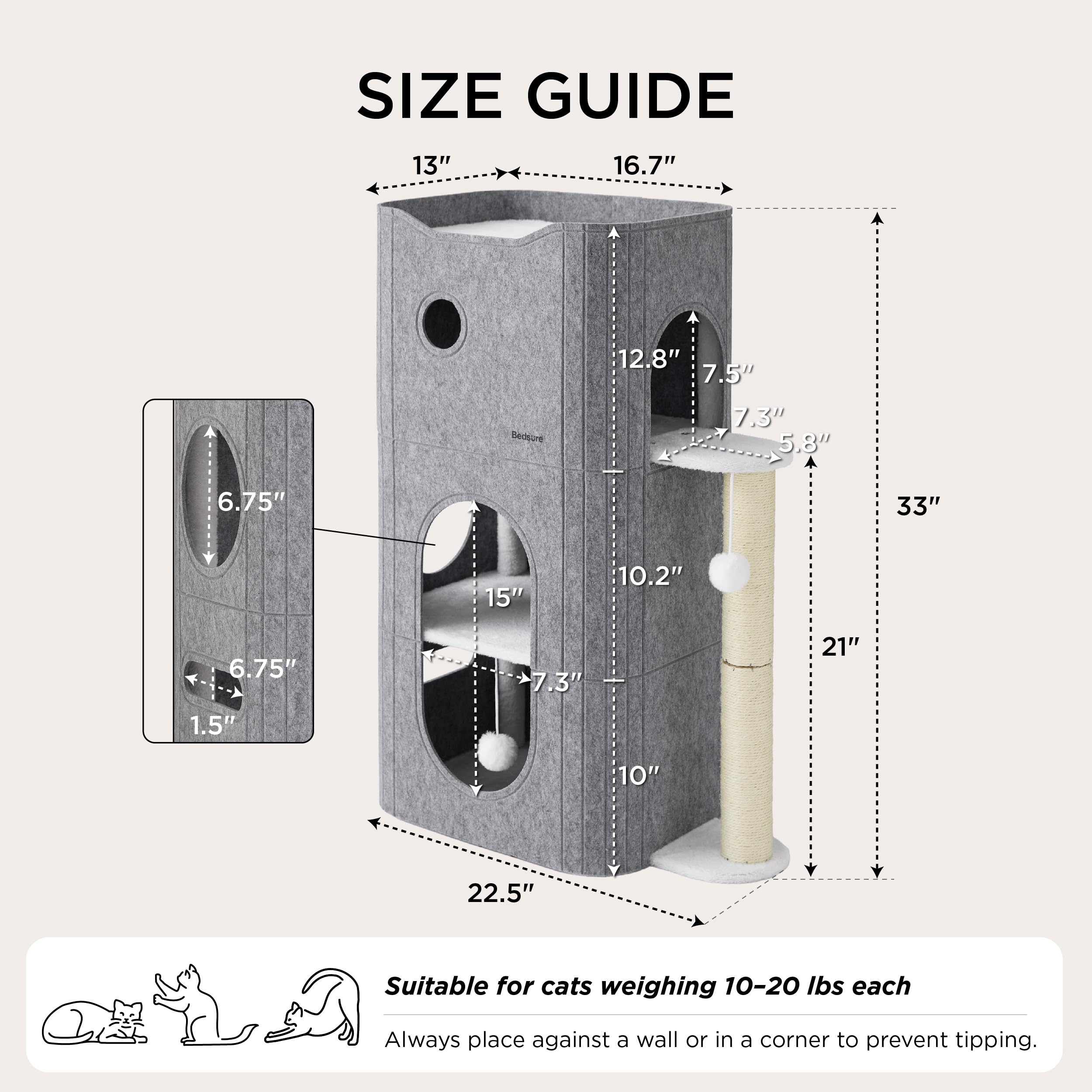 Bedsure Cat Beds for Indoor Cats - Large Cat Cave for Pet Cat House with Fluffy Ball Hanging and Scratch Pad, Foldable Cat Hideaway, 16.5x16.5x13 inches, Grey Gronata