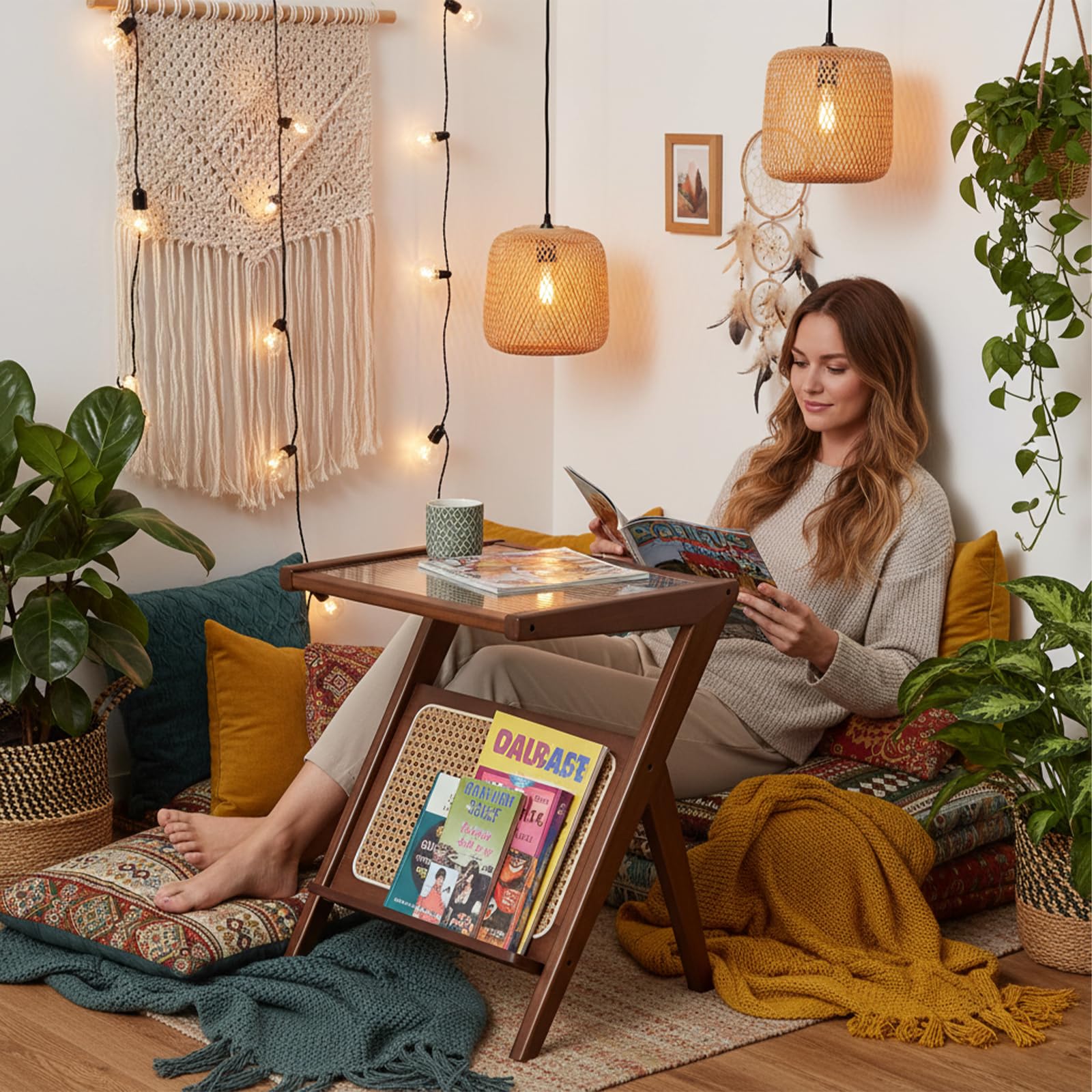Tiita Rattan Coffee Table, Bamboo Accent Bedside Tables, Glass Nightstand Side Table, Boho Wooden End Table with Storage for Living Room,Living Room, Dining Room, Tea, Home Décor Gronata