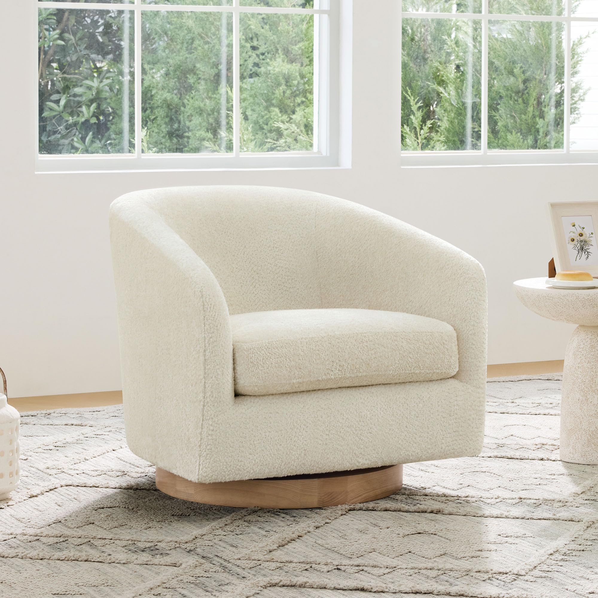 CHITA Swivel Accent Chair, Fully Assembled Fabric Barrel Armchair with FSC Certified Upholstered for Living Room, Bedroom and Office, Cream Gronata