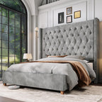 Jocisland Queen Size Bed Frame 61.4" Extra Tall Wingback Headboard Velvet Upholstered Deep Button Tufted Platform Bed with Solid Wood Legs & Wood Slats, No Box Spring Needed, Black Gronata