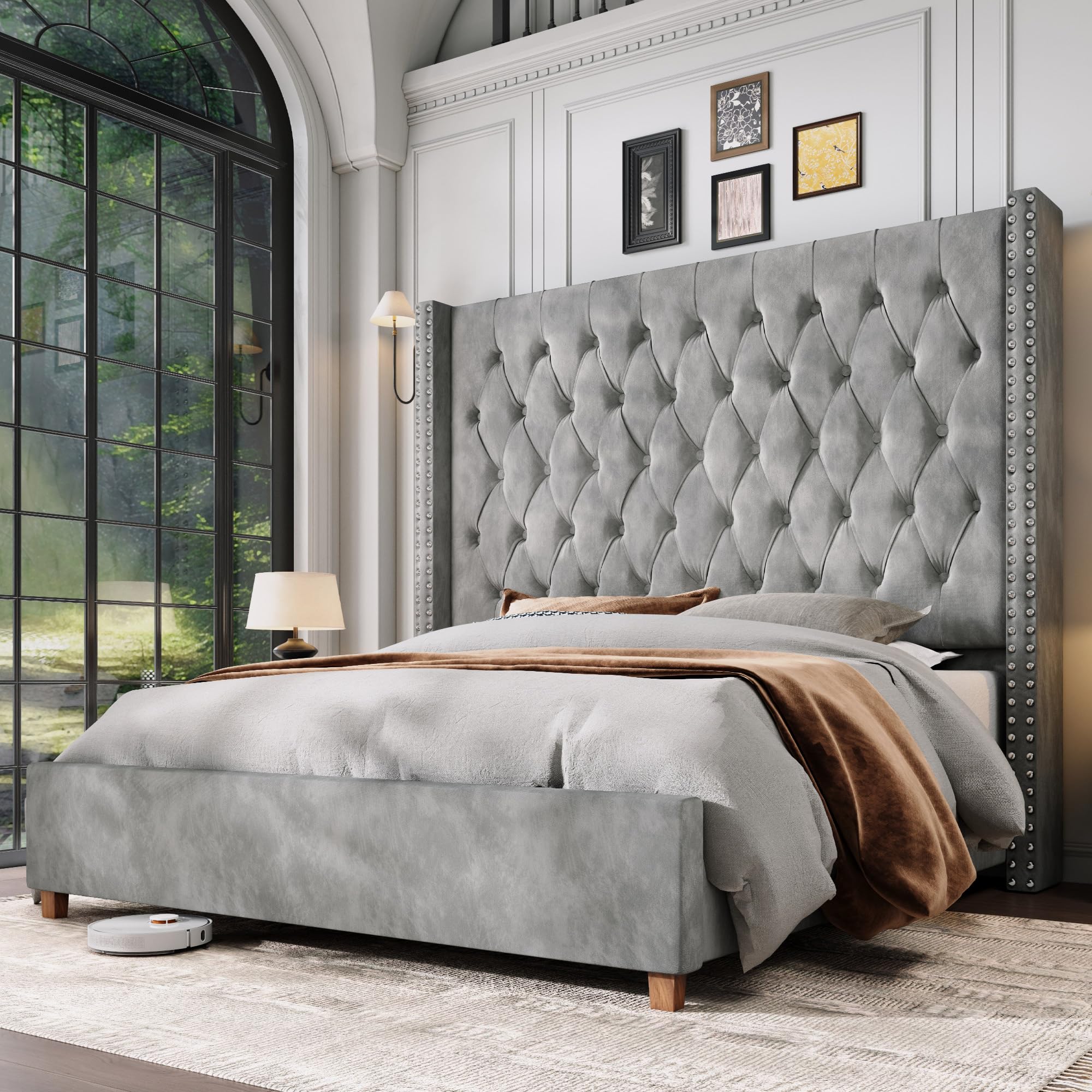 Jocisland Queen Size Bed Frame 61.4" Extra Tall Wingback Headboard Velvet Upholstered Deep Button Tufted Platform Bed with Solid Wood Legs & Wood Slats, No Box Spring Needed, Black Gronata