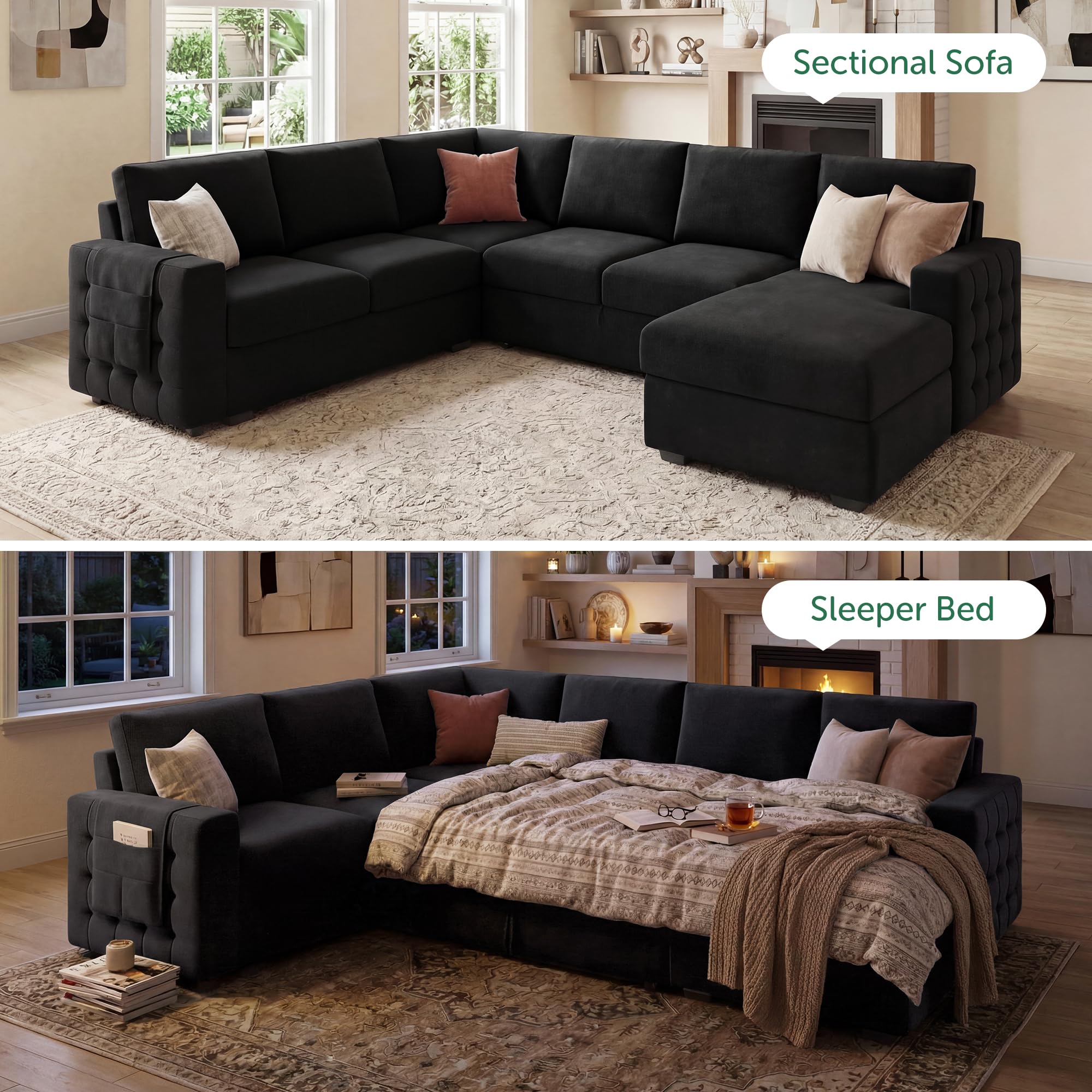 HONBAY Sectional Sleeper Sofa with Pull Out Bed U-Shape Sectional Couch Sleeper Bed with Storage Chaise 6 Seater Sleeper Sectional Sofa, Light Grey Gronata