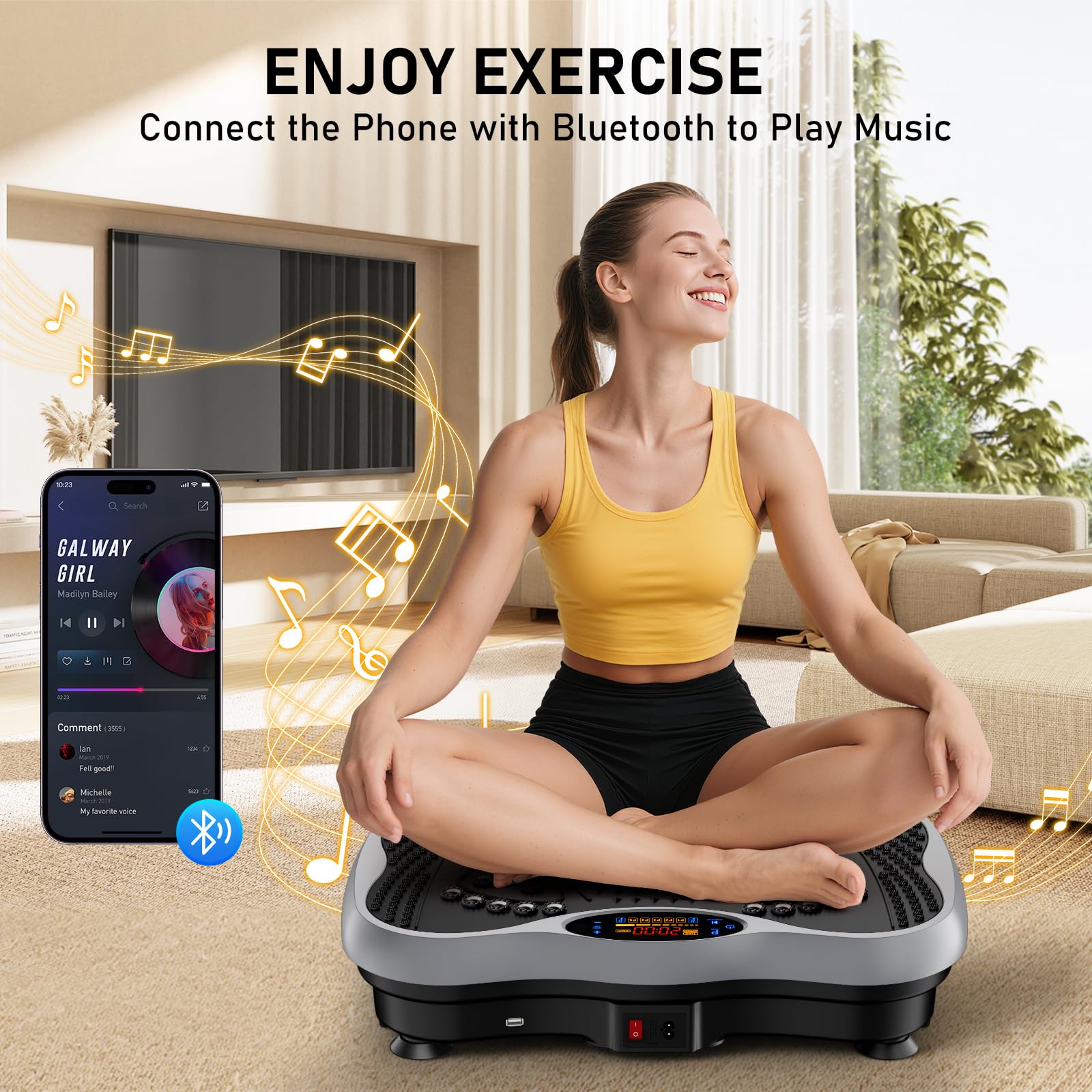 GLYLF Vibration Plate Exercise Machine, 130 Levels Full Body Workout Vibrating Plate for Lymphatic Drainage Weight Loss, 450 Lbs Capacity Shake Platform with Resistance Bands Bluetooth for Women Men Gronata