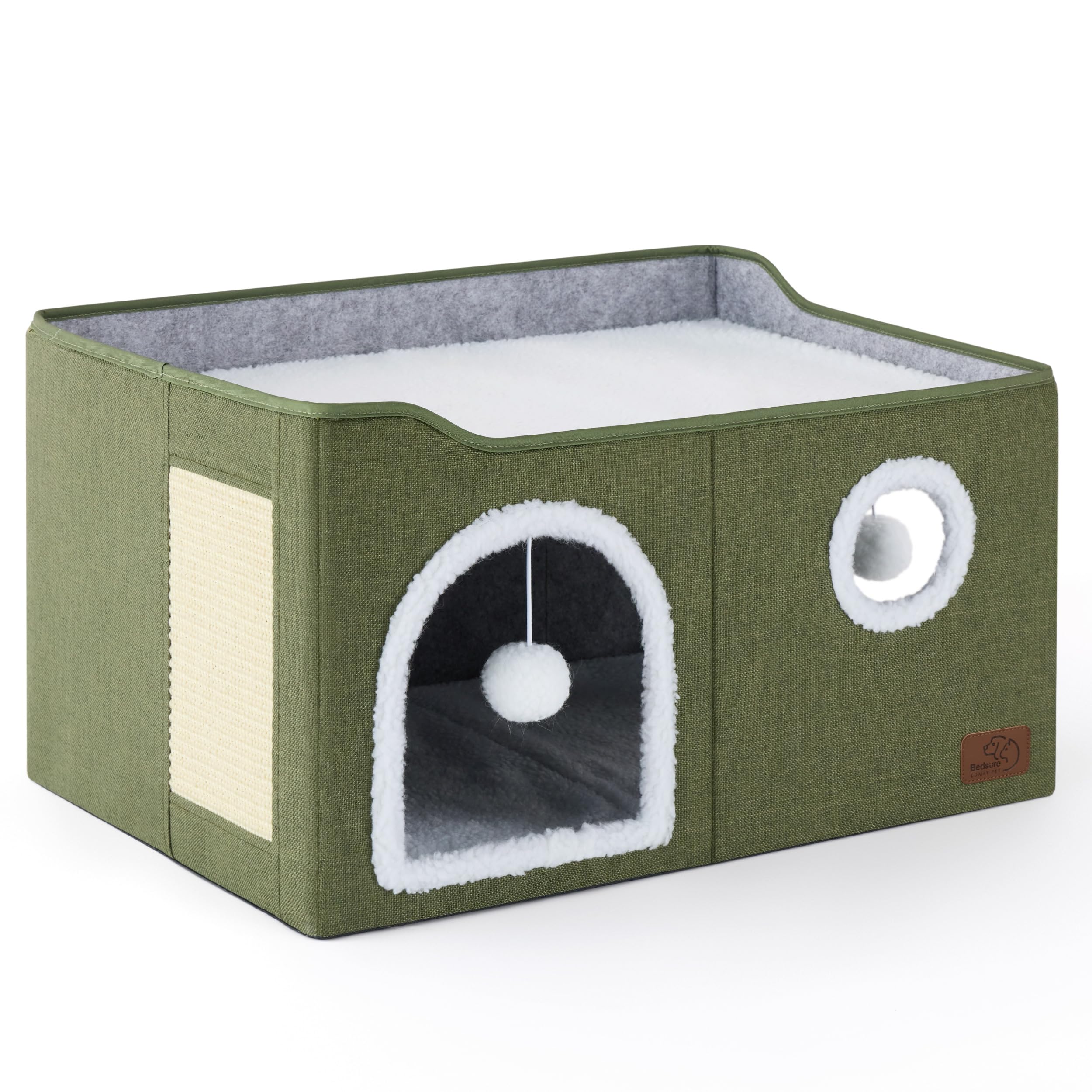 Bedsure Cat Beds for Indoor Cats - Large Cat Cave for Pet Cat House with Fluffy Ball Hanging and Scratch Pad, Foldable Cat Hideaway, 16.5x16.5x13 inches, Grey Gronata