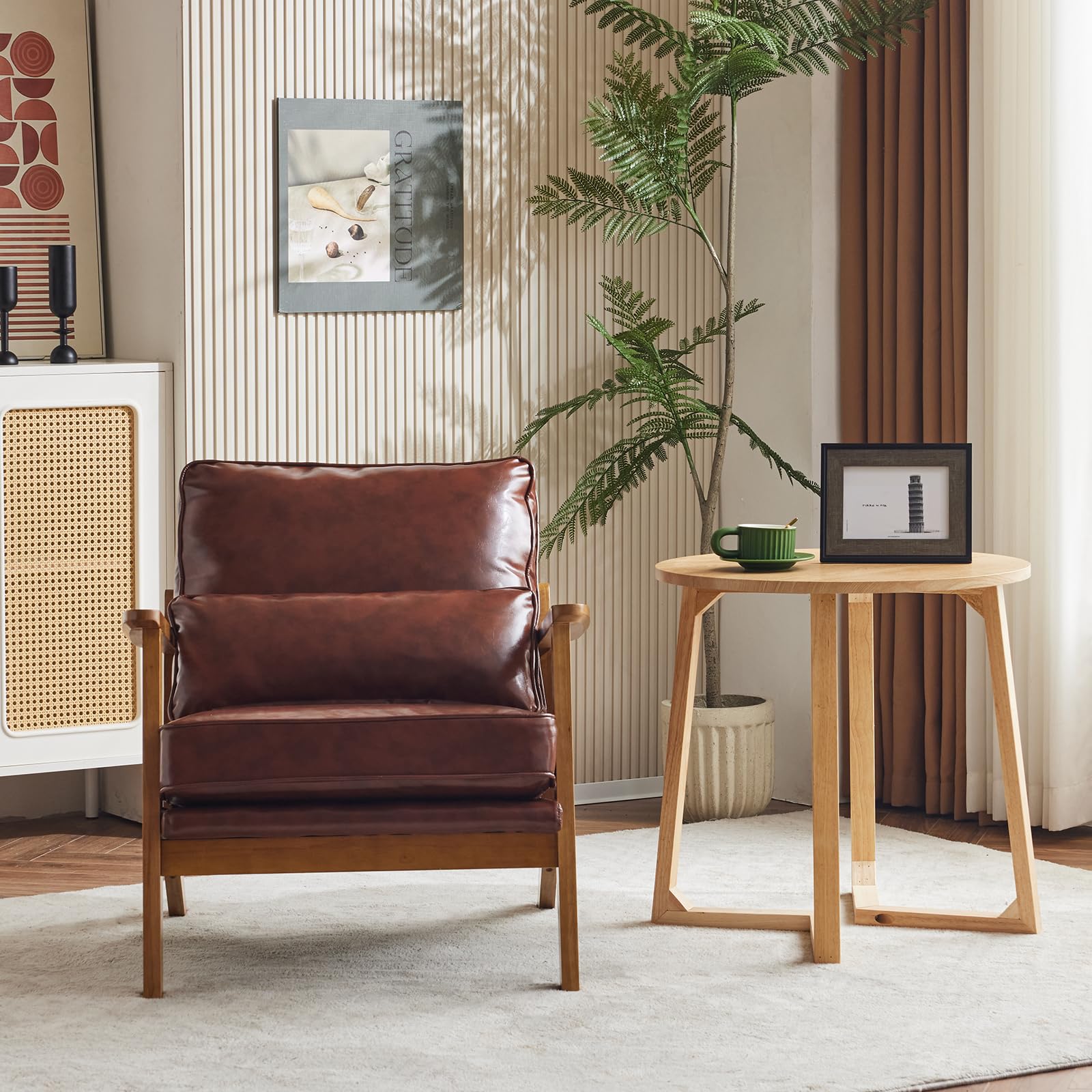 Karl home Accent Chair Wide Armrest Mid-Century Lounge Chair Linen Fabric Armchair with Lumbar Pillow & Solid Wood Frame for Living Room, Bedroom, Balcony, Green Gronata