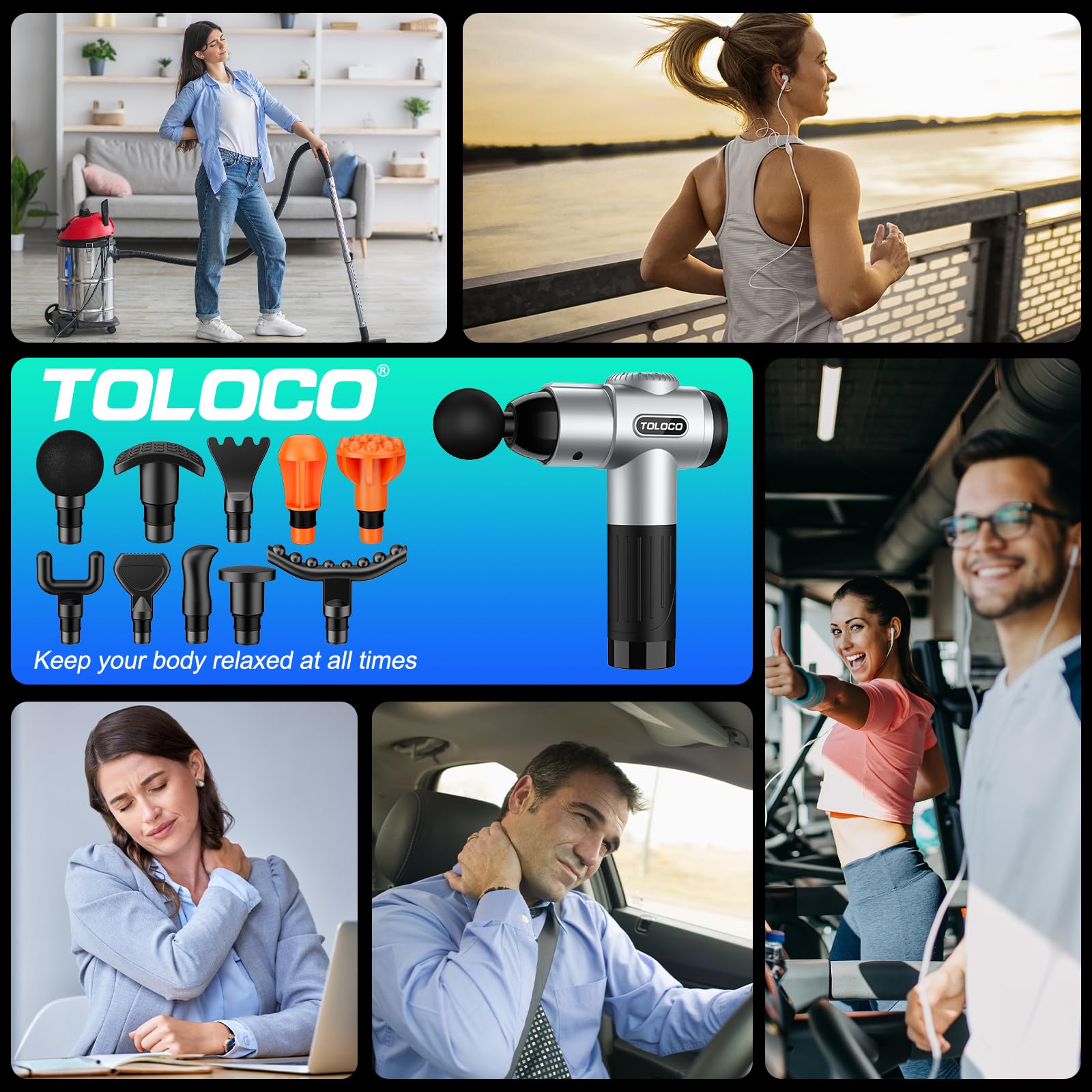 TOLOCO Massage Gun, Deep Tissue Back Massage for Athletes for Pain Relief, Percussion Massager with 10 Massages Heads & Silent Brushless Motor, Fathers Day Dad Gifts, Black Gronata