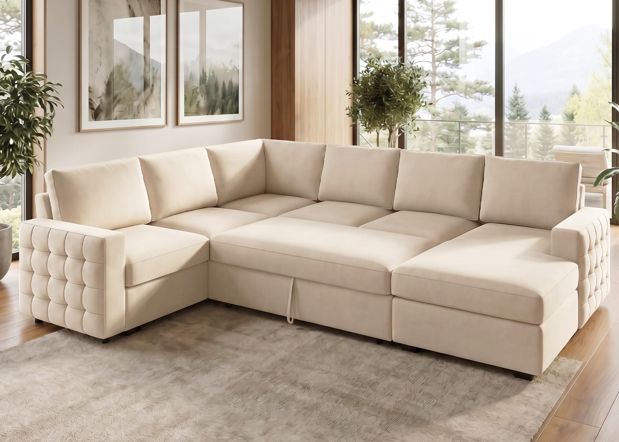 HONBAY Sectional Sleeper Sofa with Pull Out Bed U-Shape Sectional Couch Sleeper Bed with Storage Chaise 6 Seater Sleeper Sectional Sofa, Light Grey Gronata