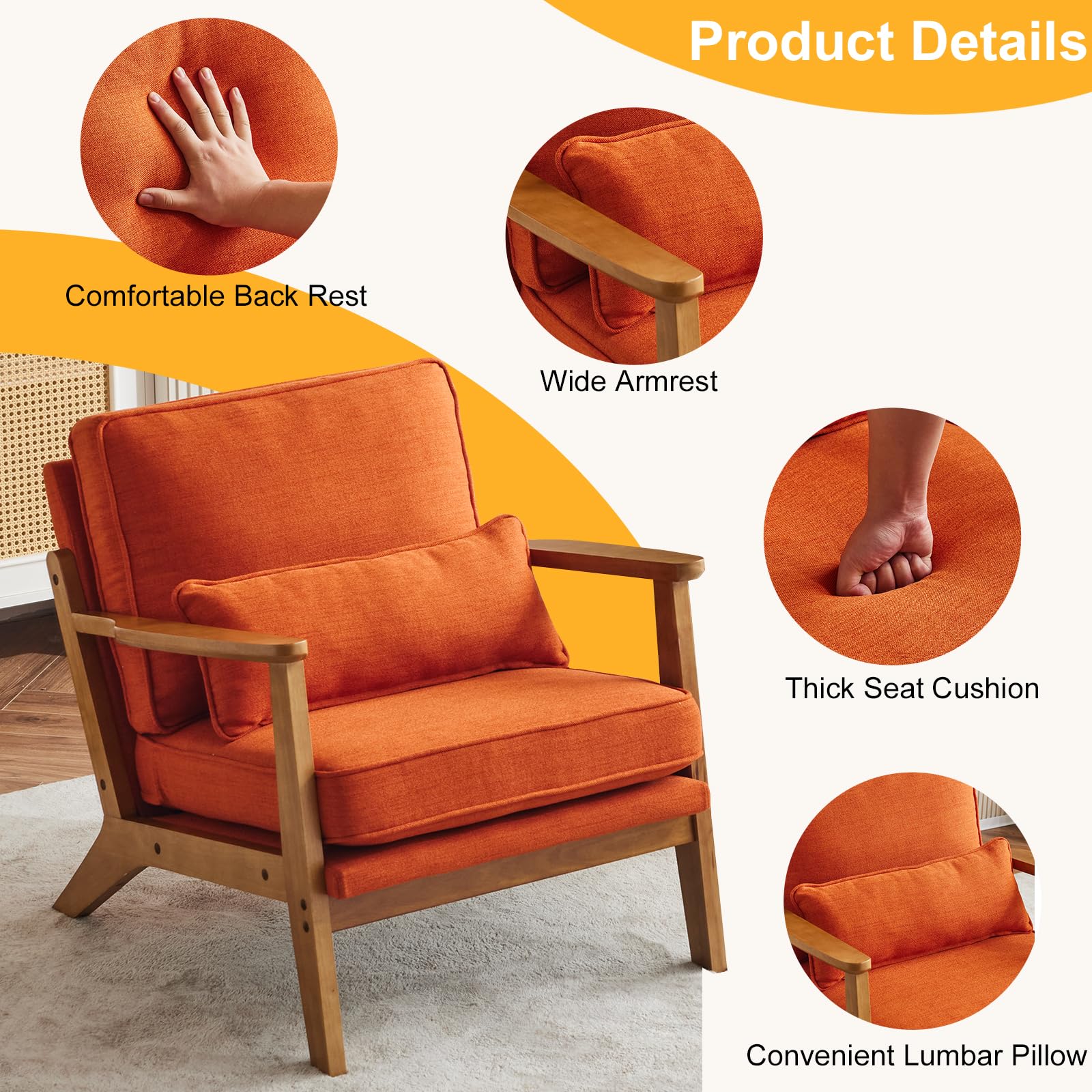 Karl home Accent Chair Wide Armrest Mid-Century Lounge Chair Linen Fabric Armchair with Lumbar Pillow & Solid Wood Frame for Living Room, Bedroom, Balcony, Green Gronata
