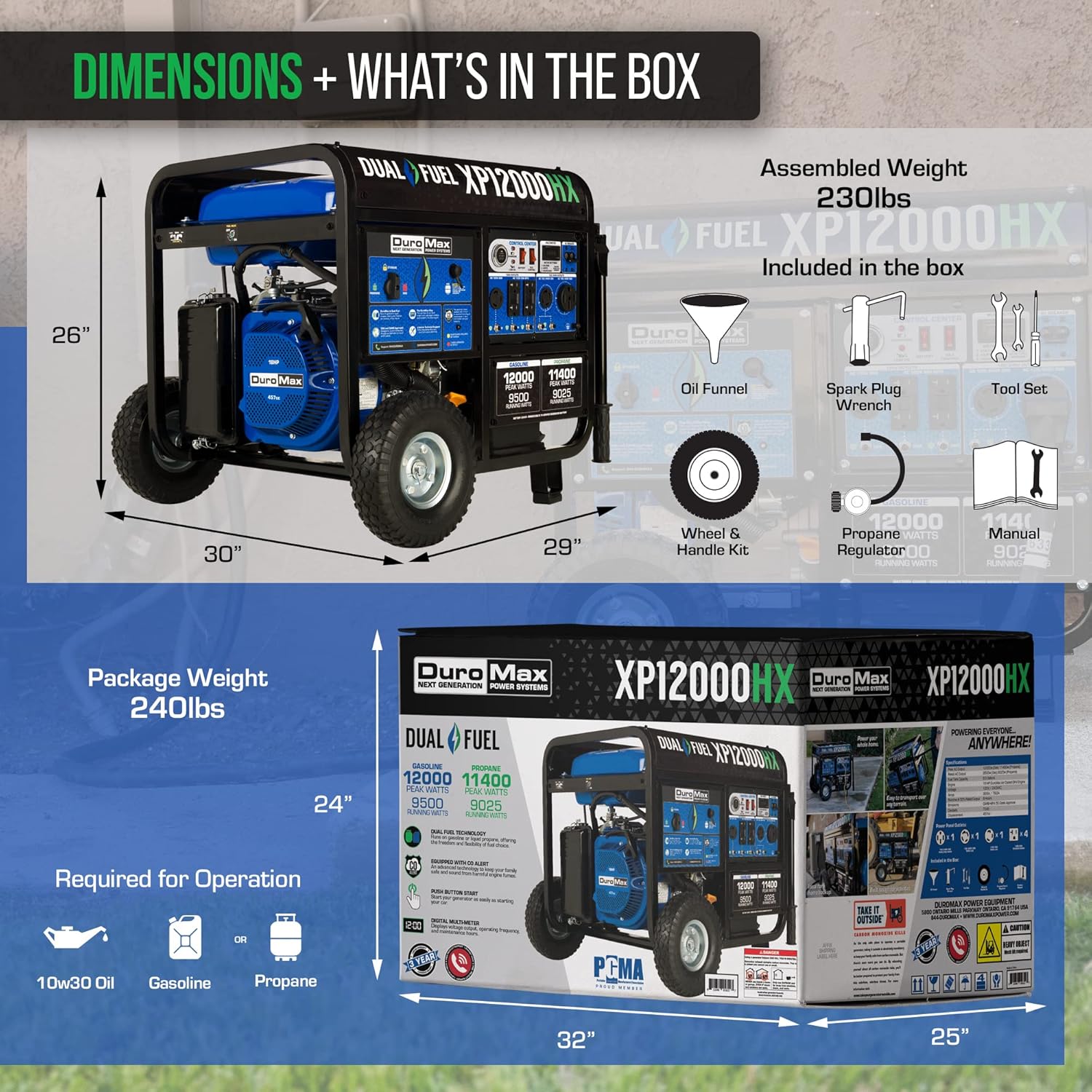 DuroMax XP12000HX 12,000-Watt Dual Fuel Portable Generator - Gas & Propane, Electric Start, Whole Home Power Backup, Transfer Switch Ready, RV & Emergency Ready Gronata