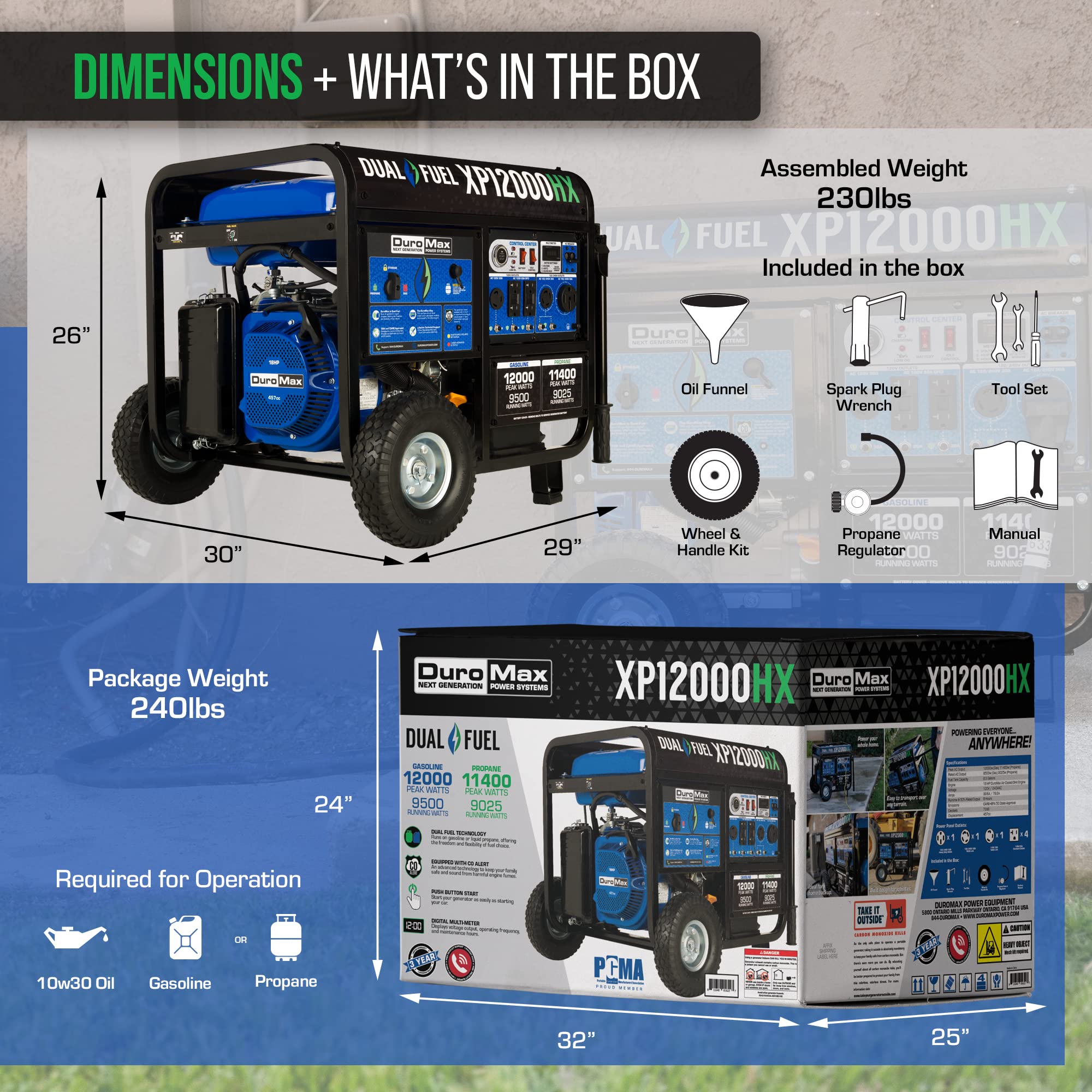 DuroMax XP12000HX 12,000-Watt Dual Fuel Portable Generator - Gas & Propane, Electric Start, Whole Home Power Backup, Transfer Switch Ready, RV & Emergency Ready Gronata
