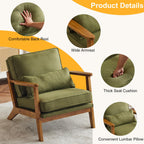 Karl home Accent Chair Wide Armrest Mid-Century Lounge Chair Linen Fabric Armchair with Lumbar Pillow & Solid Wood Frame for Living Room, Bedroom, Balcony, Green Gronata