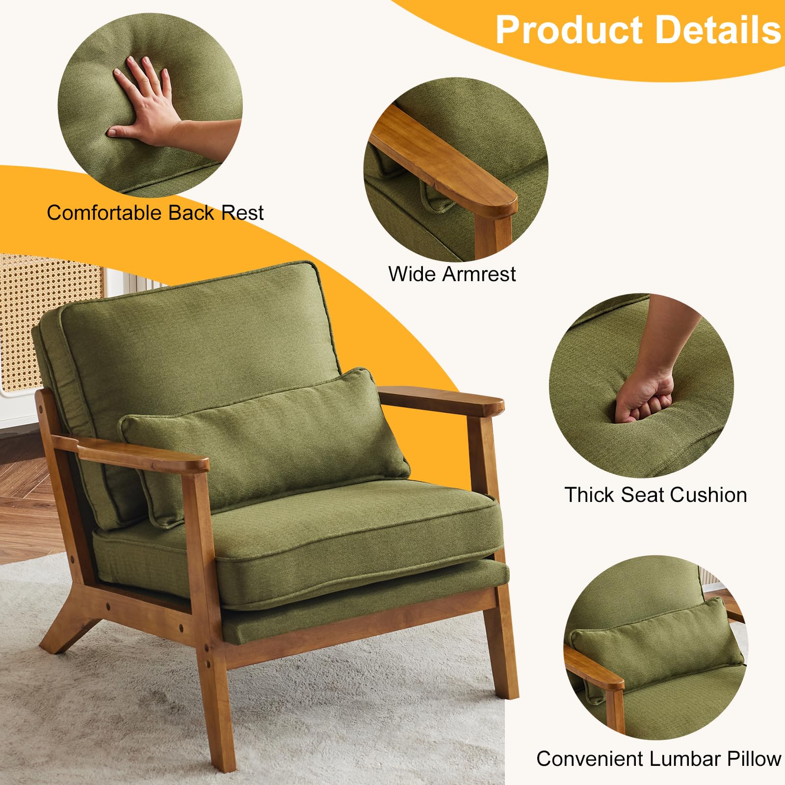Karl home Accent Chair Wide Armrest Mid-Century Lounge Chair Linen Fabric Armchair with Lumbar Pillow & Solid Wood Frame for Living Room, Bedroom, Balcony, Green Gronata