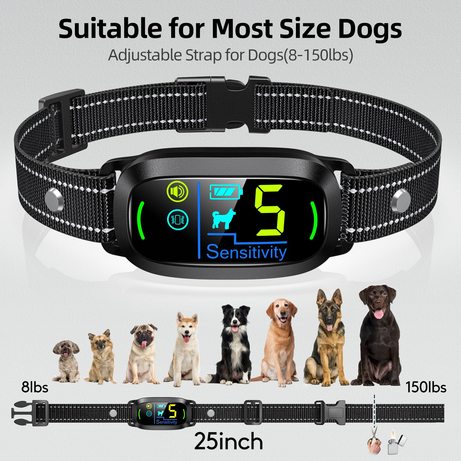 FAFAFROG Dog Bark Collar, Rechargeable Smart Collar, Anti Barking Training Collar with 5 Adjustable Sensitivity Beep Vibration, Bark Collar for Large Medium Small Dogs (Black) Gronata