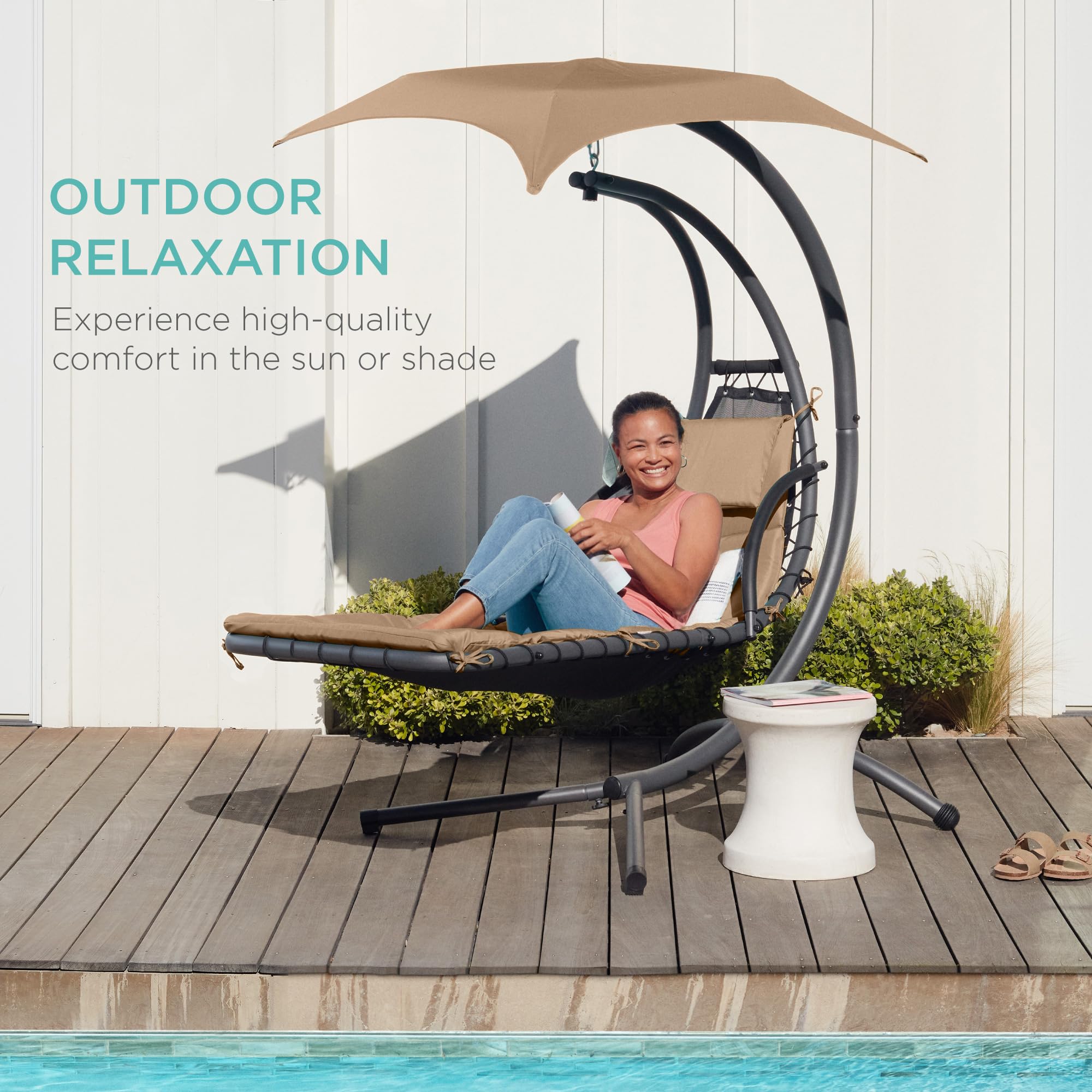 Best Choice Products Outdoor Hanging Curved Steel Chaise Lounge Chair Swing w/Built-in Pillow and Removable Canopy - Navy Blue Gronata