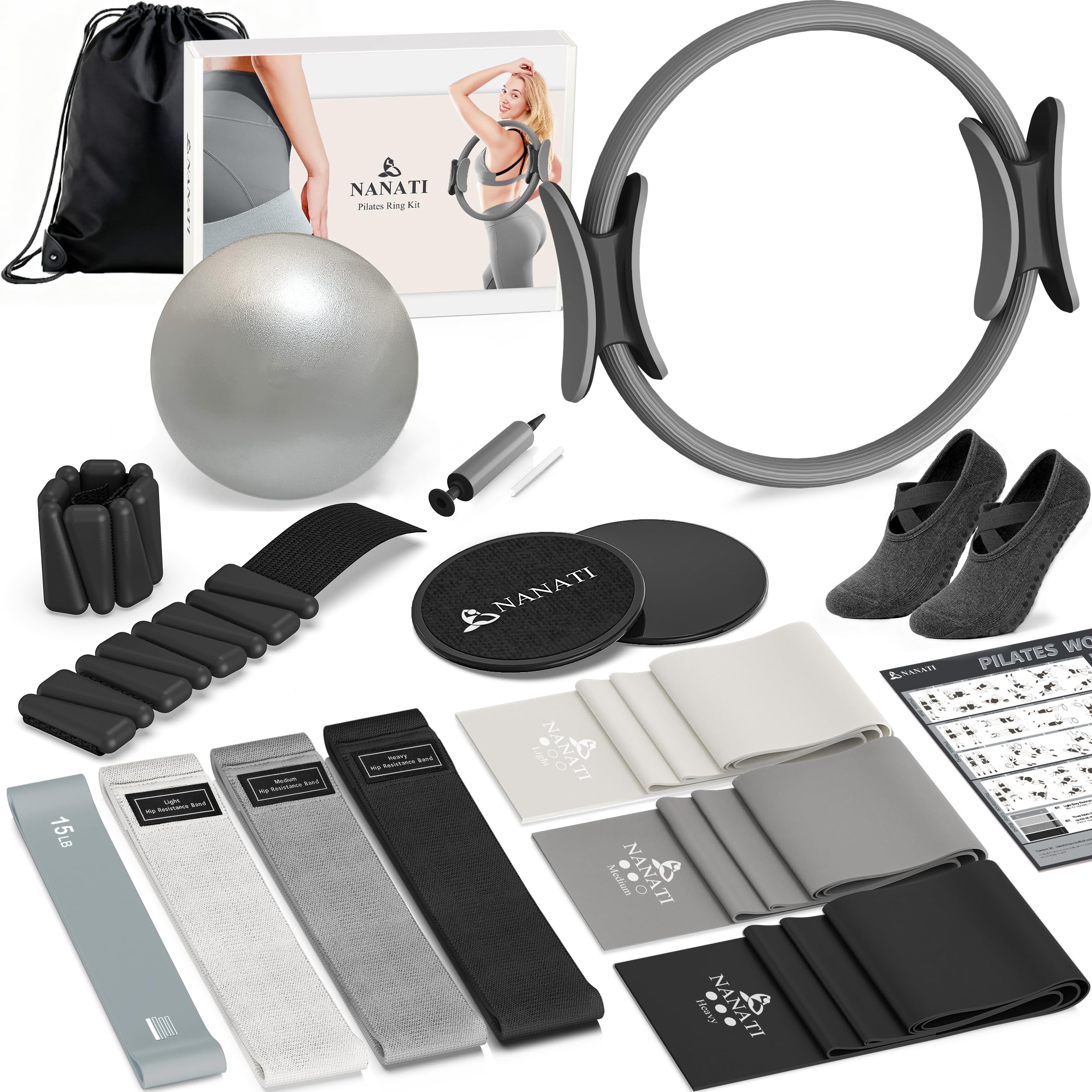 NANATI Pilates Kit 19PCS,Pilates Essentials Kit for Women,Pilates Equipment with 14.5" Pilates Ring and Ball,8 Resistance Bands,Ankle Weights,Sliders & Grip Socks Accessories for Starter Home Workouts Gronata