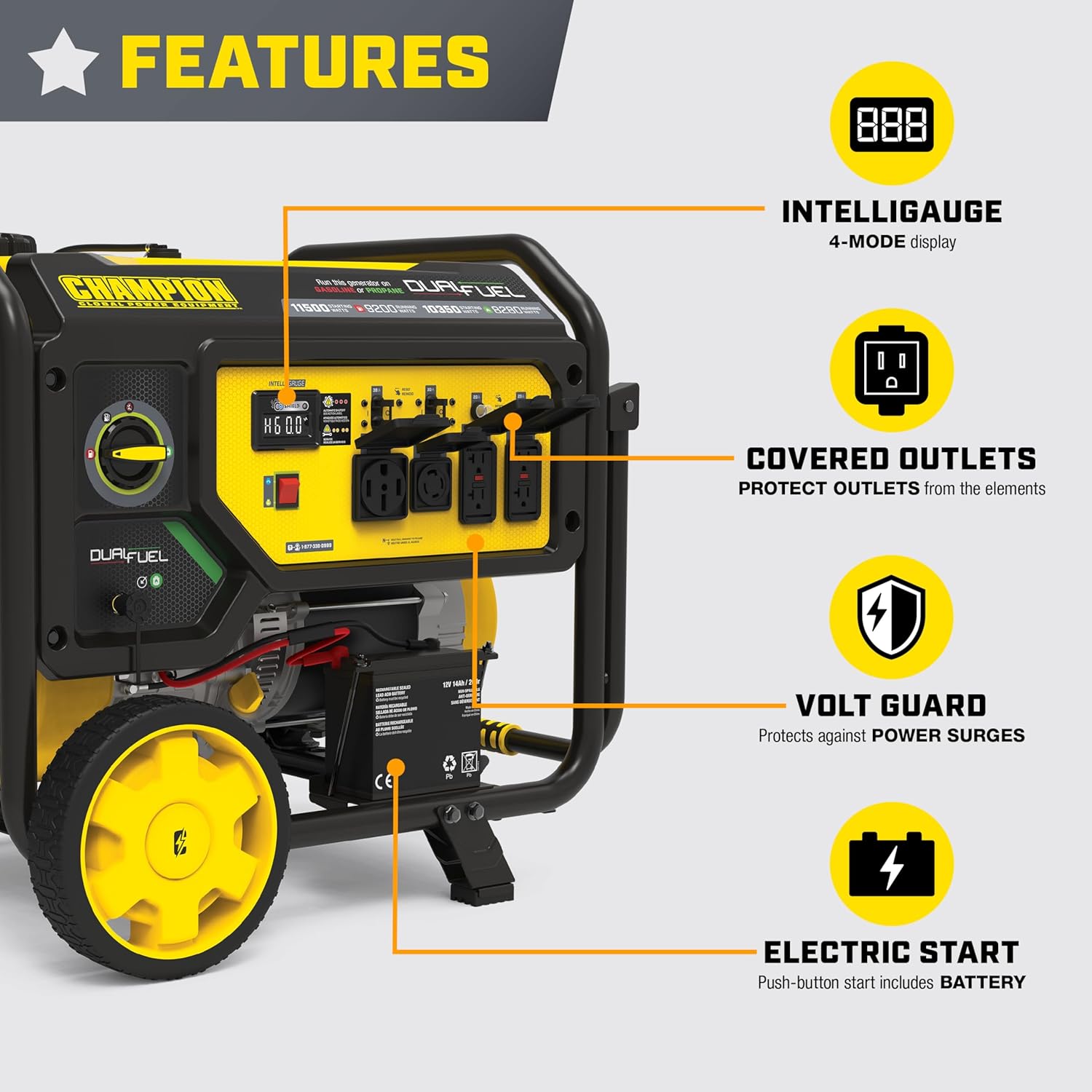 Champion Power Equipment 11,500-Watt Electric Start Dual Fuel Home Backup Portable Generator with Free 3-Year Warranty Gronata