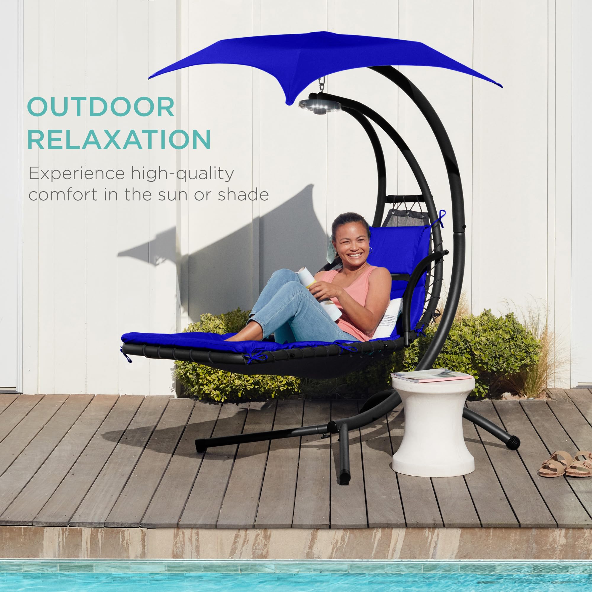 Best Choice Products Outdoor Hanging Curved Steel Chaise Lounge Chair Swing w/Built-in Pillow and Removable Canopy - Navy Blue Gronata